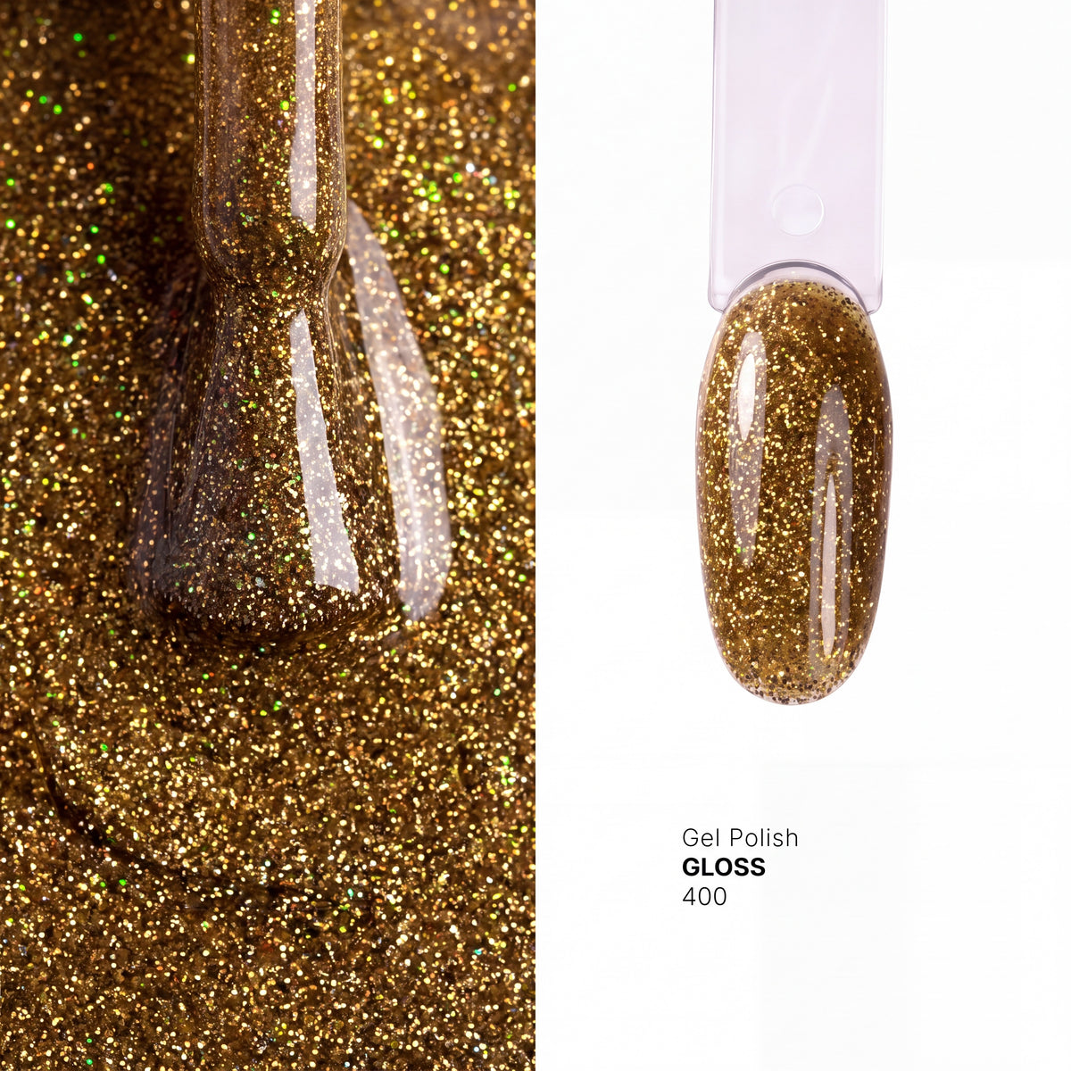 Brush and nail tip swatch of GLOSS 400 Yellow Gold gel polish