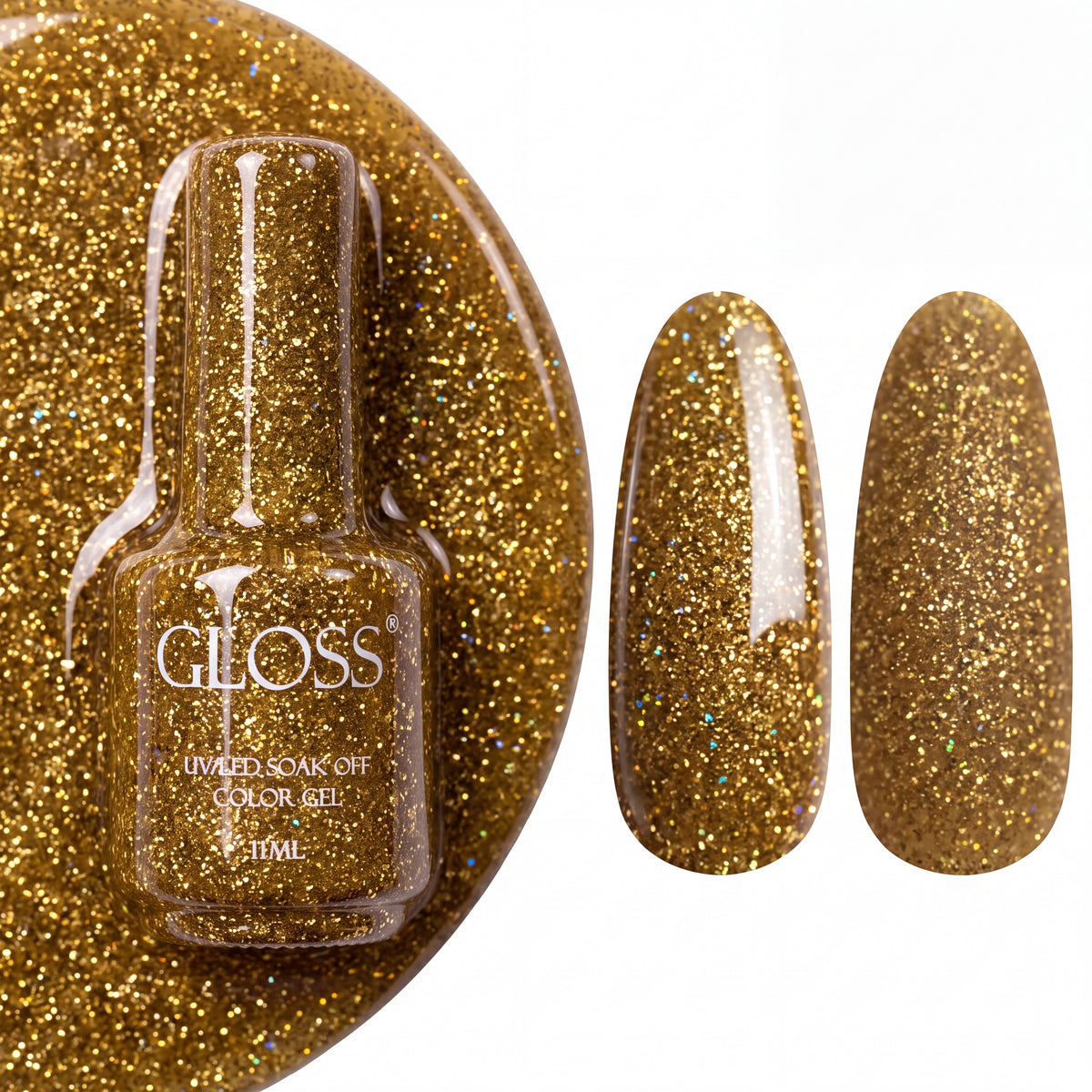 GLOSS gel polish 400 Yellow Gold, 11 ml bottle with glossy and matte nail swatches