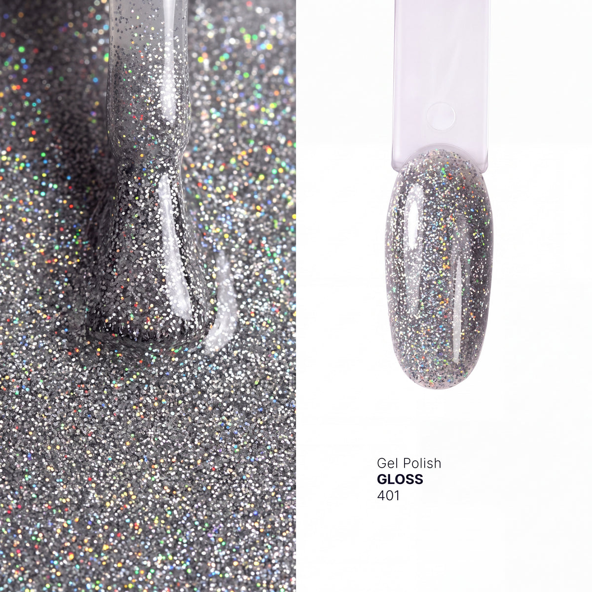 Brush and nail tip swatch of GLOSS 401 Silver Holographic gel polish