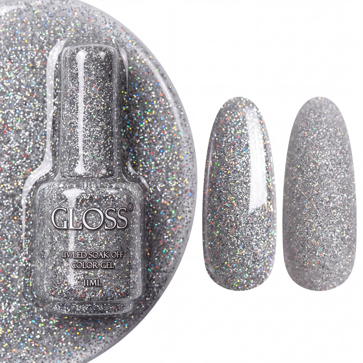 GLOSS gel polish 401 Silver Holographic, 11 ml bottle with glossy and matte nail swatches