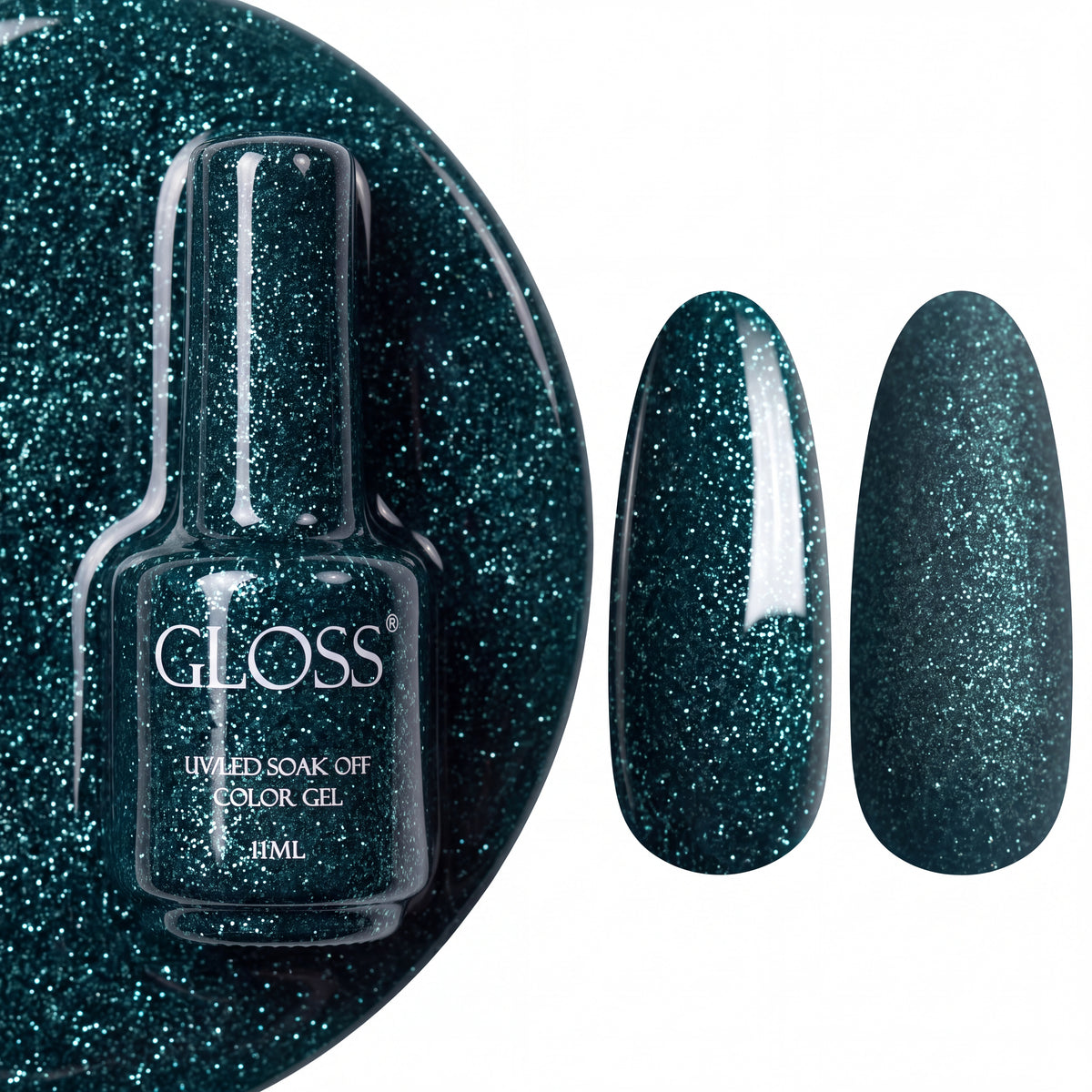 GLOSS gel polish 404 Dark Green Shine, 11 ml bottle with glossy and matte nail swatches