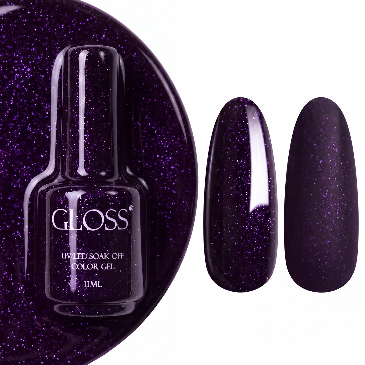 GLOSS gel polish 405 Purple Shine, 11 ml bottle with glossy and matte nail swatches