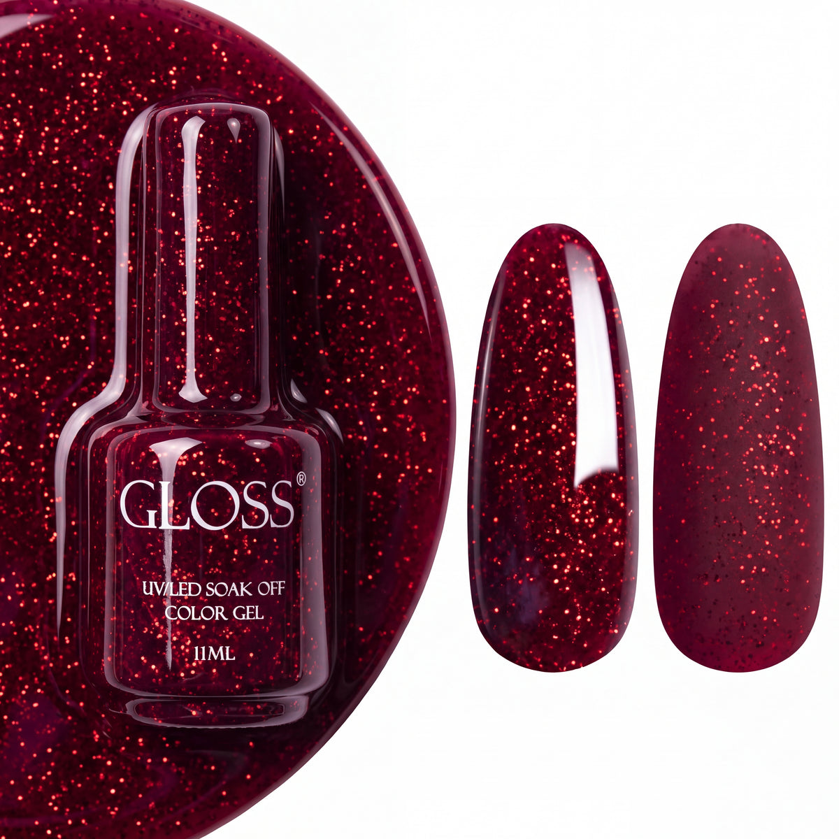 GLOSS gel polish 407 Raspberry Red Shine, 11 ml bottle with glossy and matte nail swatches