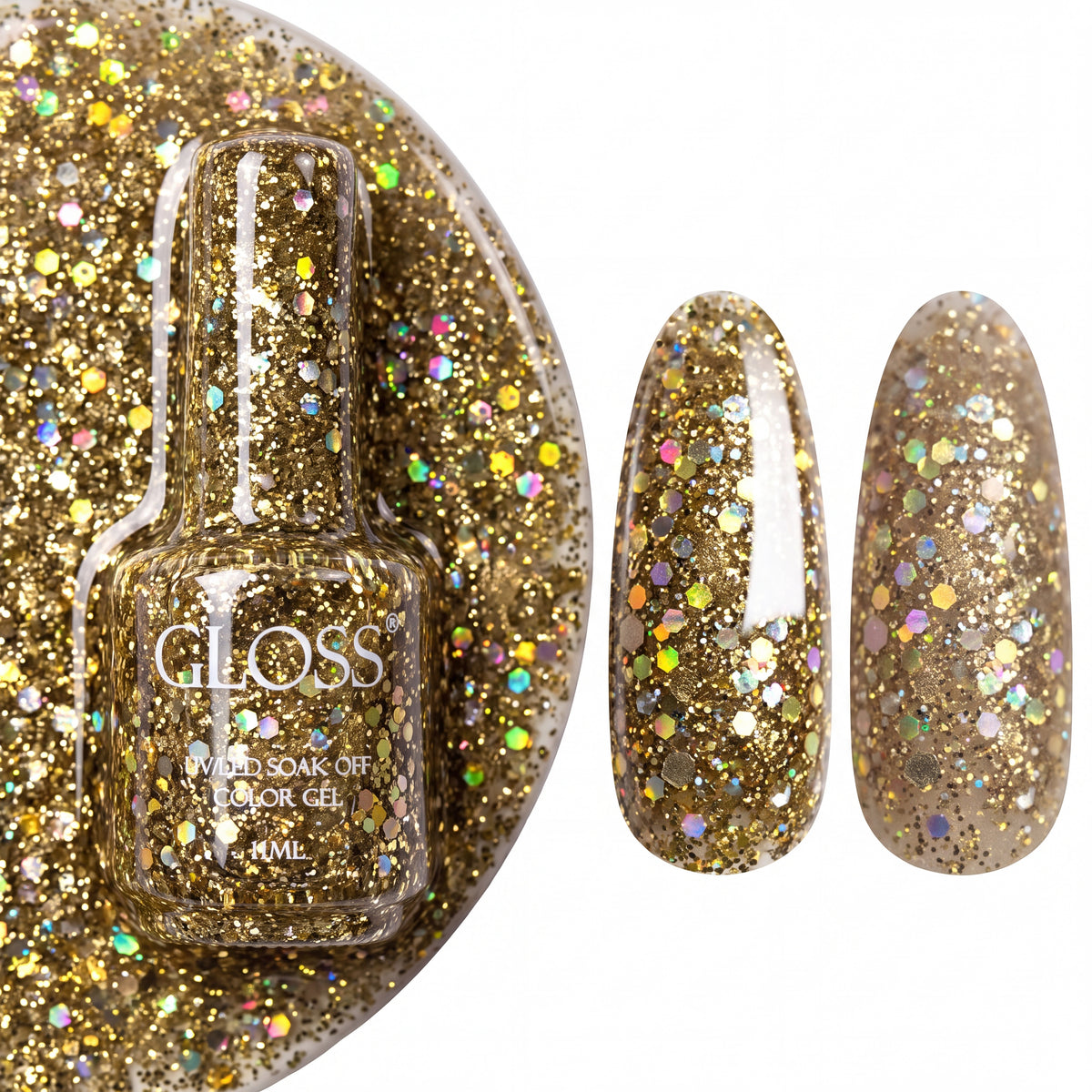 GLOSS gel polish 409 Golden Glitter, 11 ml bottle with glossy and matte nail swatches