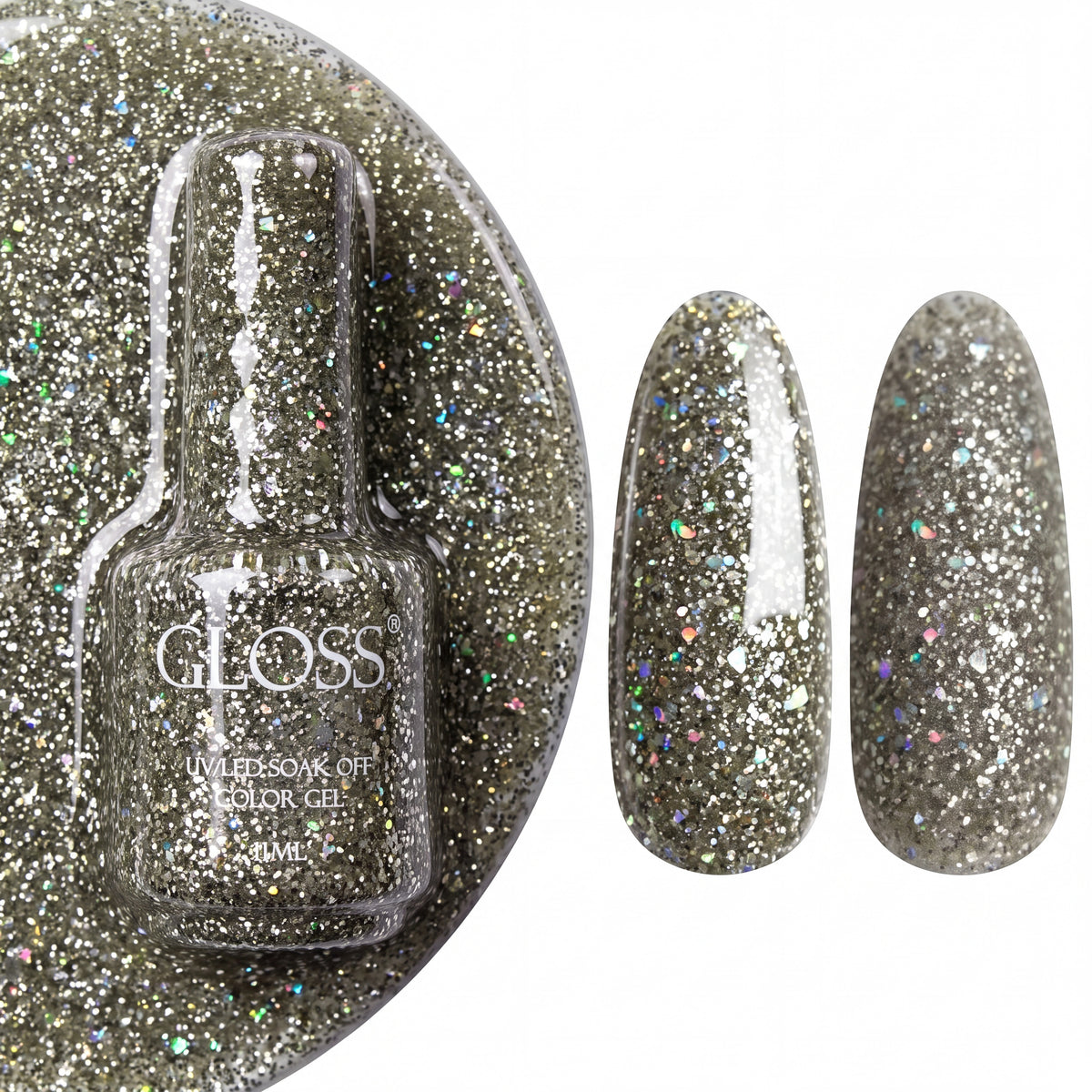 GLOSS gel polish 410 Silver Glitter, 11 ml bottle with glossy and matte nail swatches
