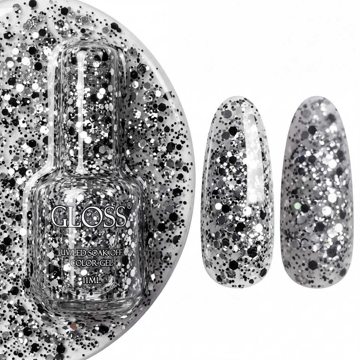 GLOSS gel polish 411 Silver Sparkles, 11 ml bottle with glossy and matte nail swatches