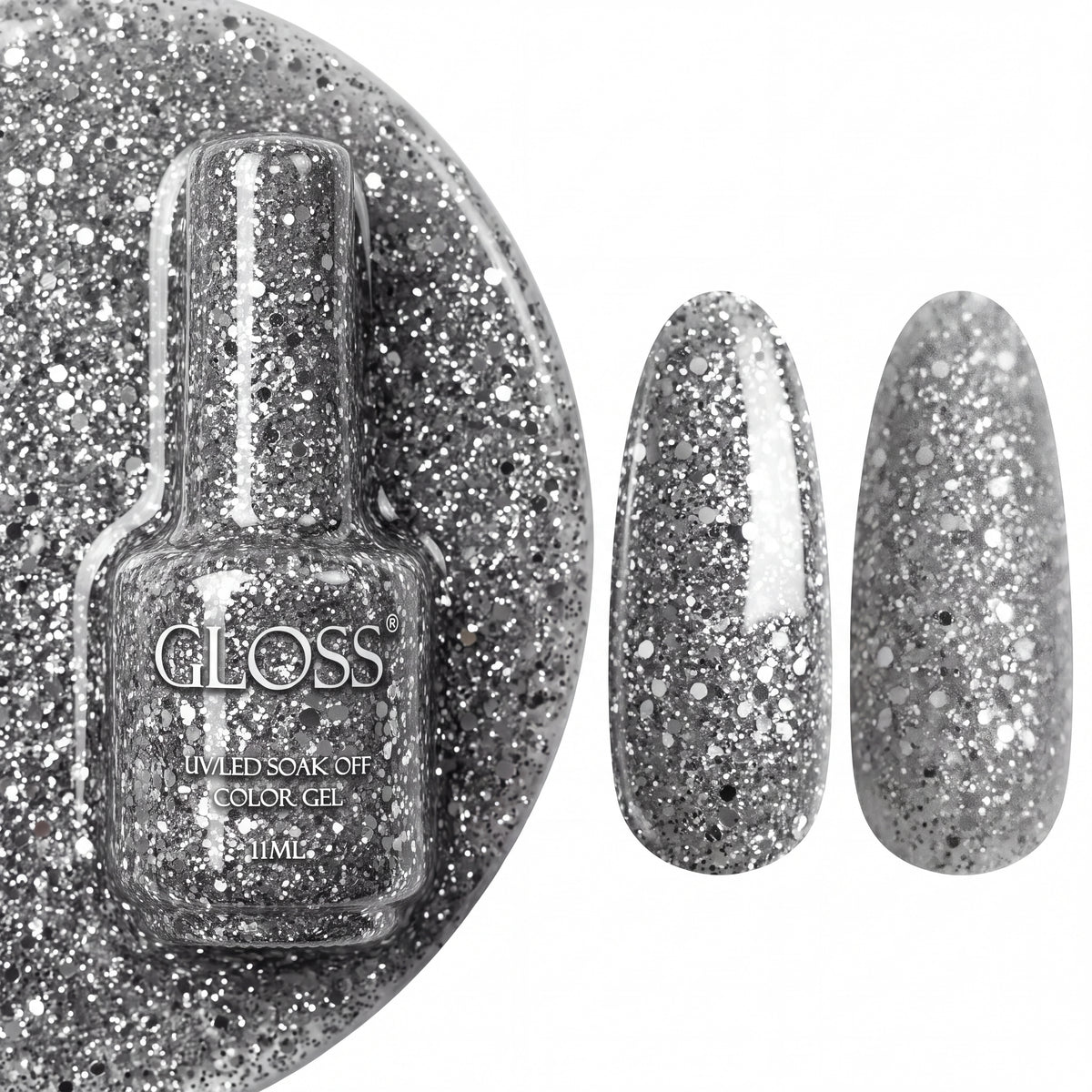 GLOSS gel polish 412 White Gold Glitter, 11 ml bottle with glossy and matte nail swatches
