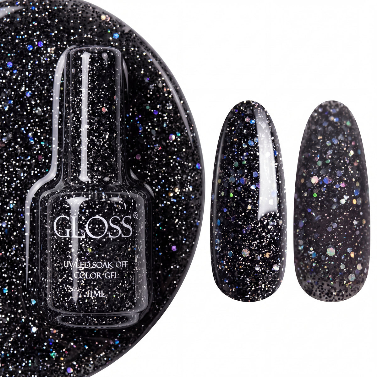 GLOSS gel polish 413 Black Sparkles, 11 ml bottle with glossy and matte nail swatches