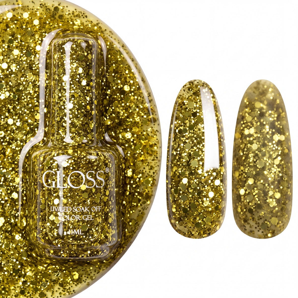 GLOSS gel polish 414 Yellow Glitter, 11 ml bottle with glossy and matte nail swatches