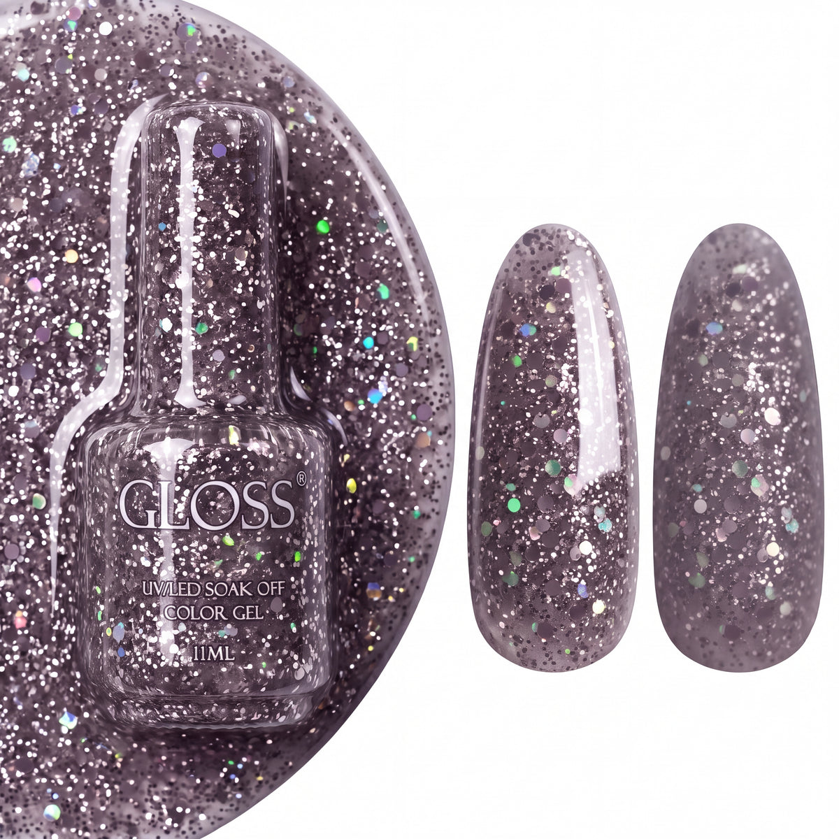 GLOSS gel polish 415 Pink Gold, 11 ml bottle with glossy and matte nail swatches