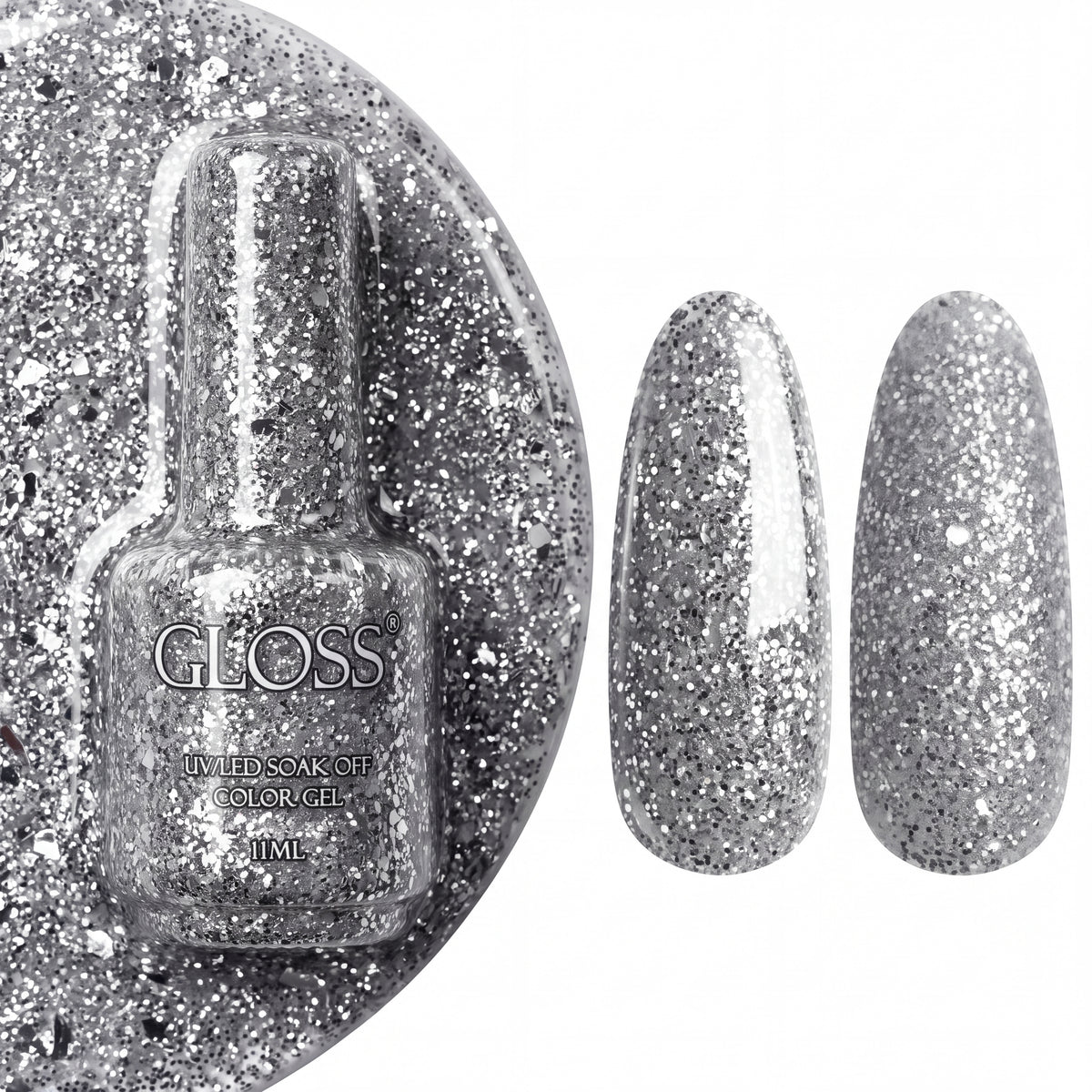 GLOSS gel polish 416 Silver Shine, 11 ml bottle with glossy and matte nail swatches