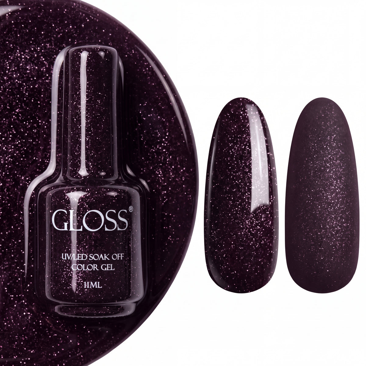 GLOSS gel polish 417 Dark Plum Micro Shine, 11 ml bottle with glossy and matte nail swatches