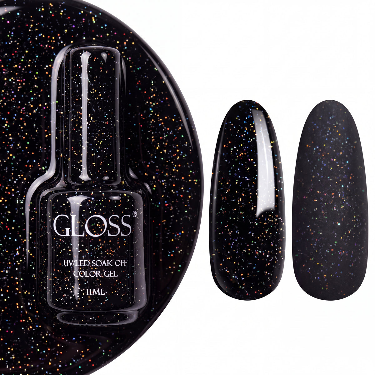 GLOSS gel polish 418 Black Microglitter, 11 ml bottle with glossy and matte nail swatches