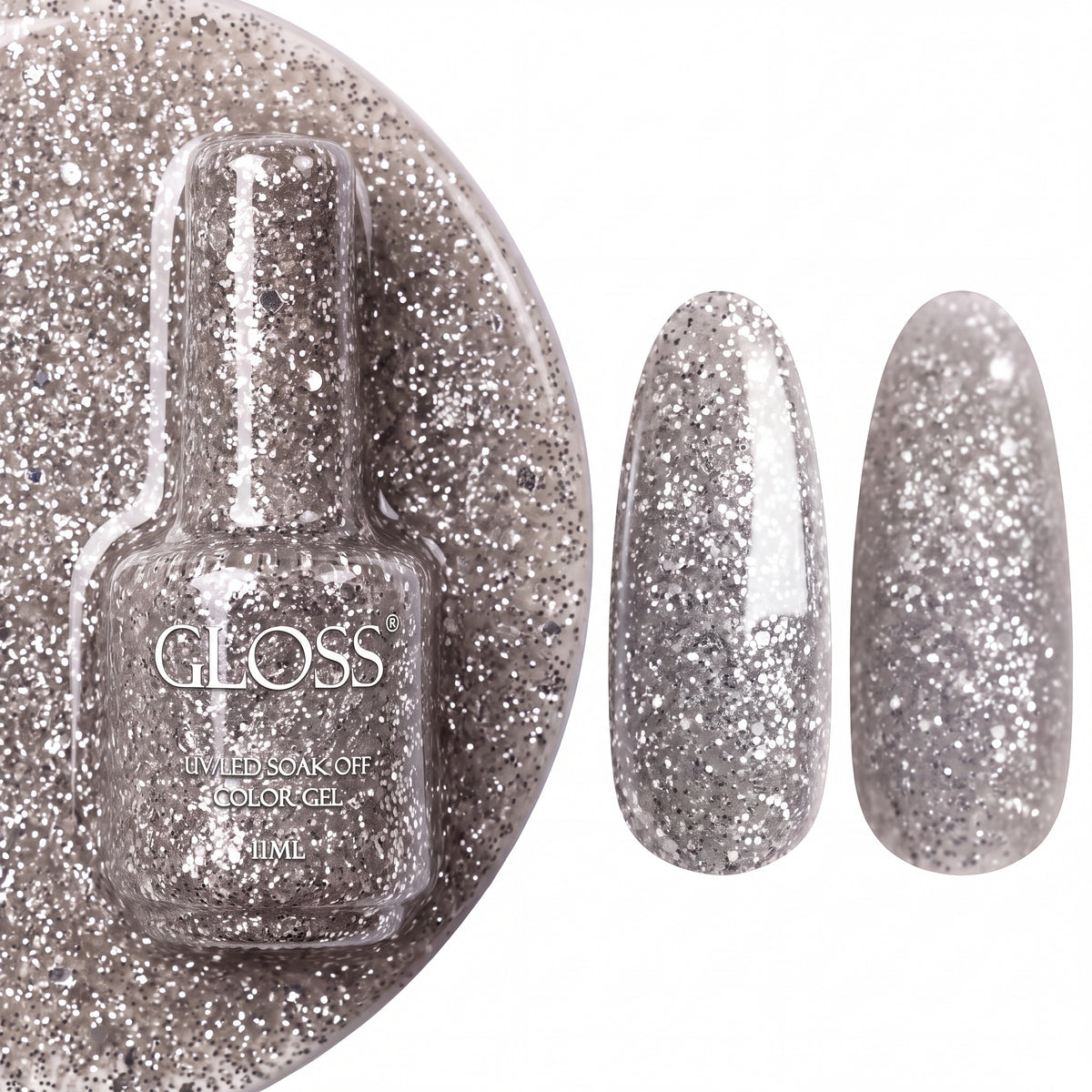 GLOSS gel polish 421 Champagne Glitter, 11 ml bottle with glossy and matte nail swatches