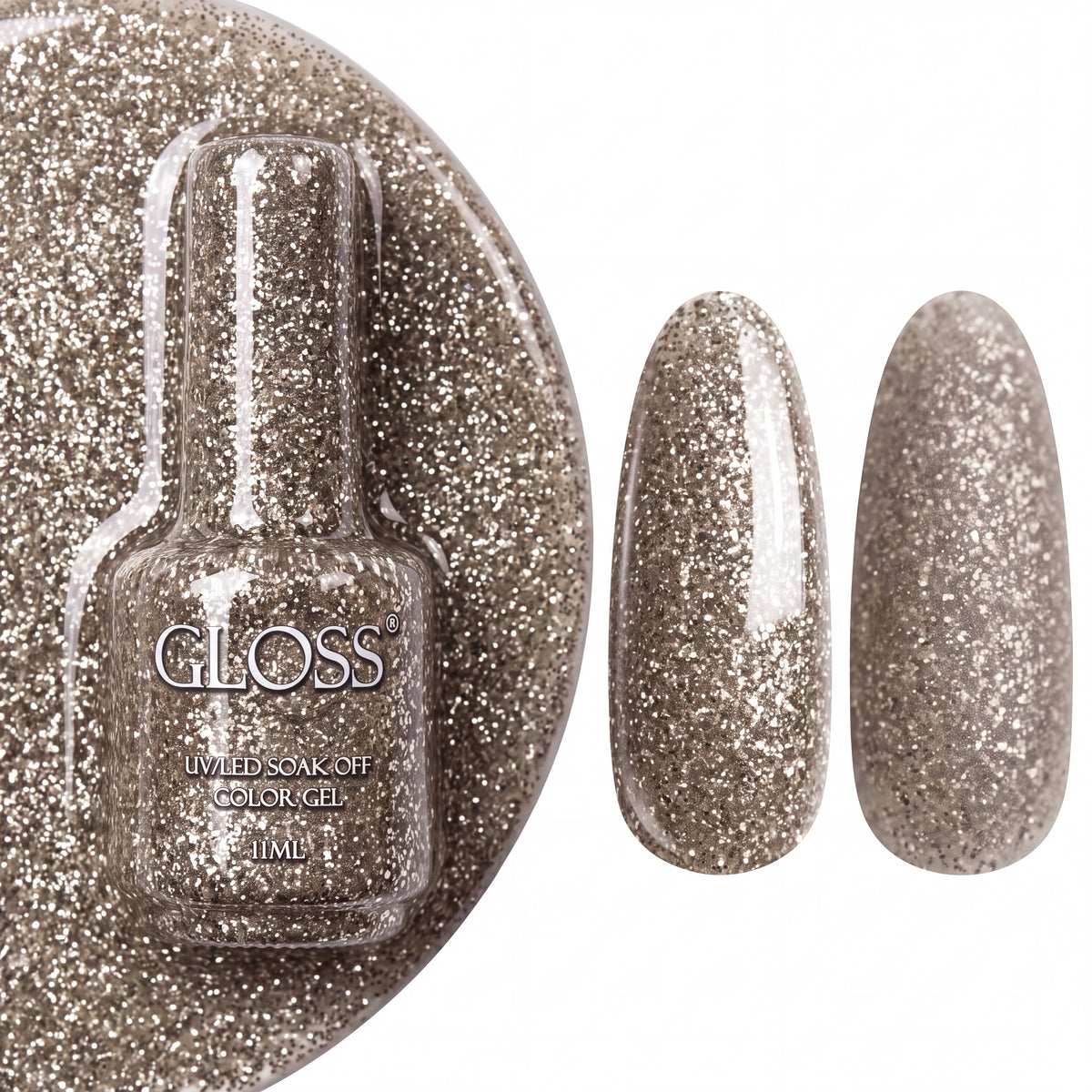 GLOSS gel polish 422 White Gold Shine, 11 ml bottle with glossy and matte nail swatches