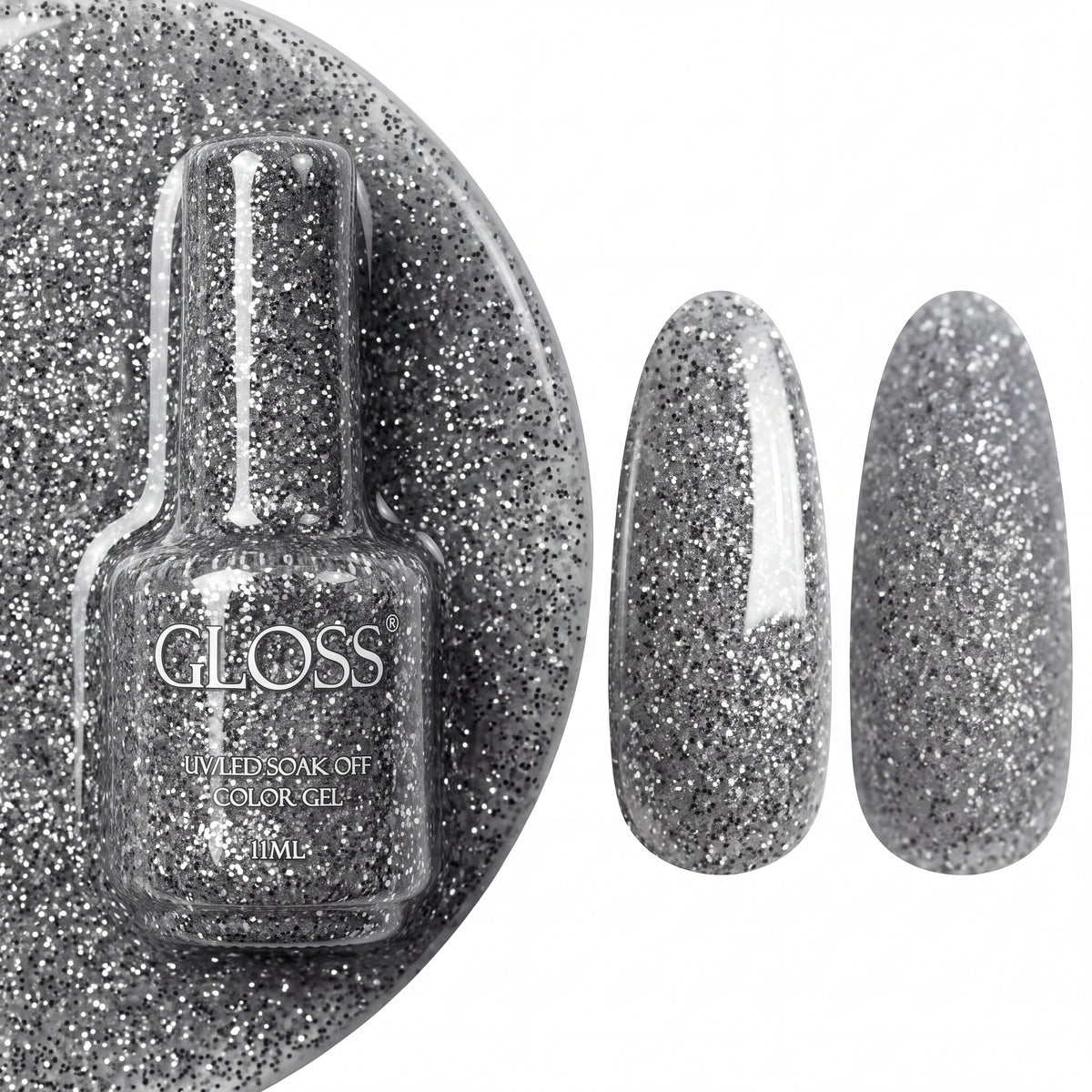 GLOSS gel polish 423 Platinum Micro Shine, 11 ml bottle with glossy and matte nail swatches