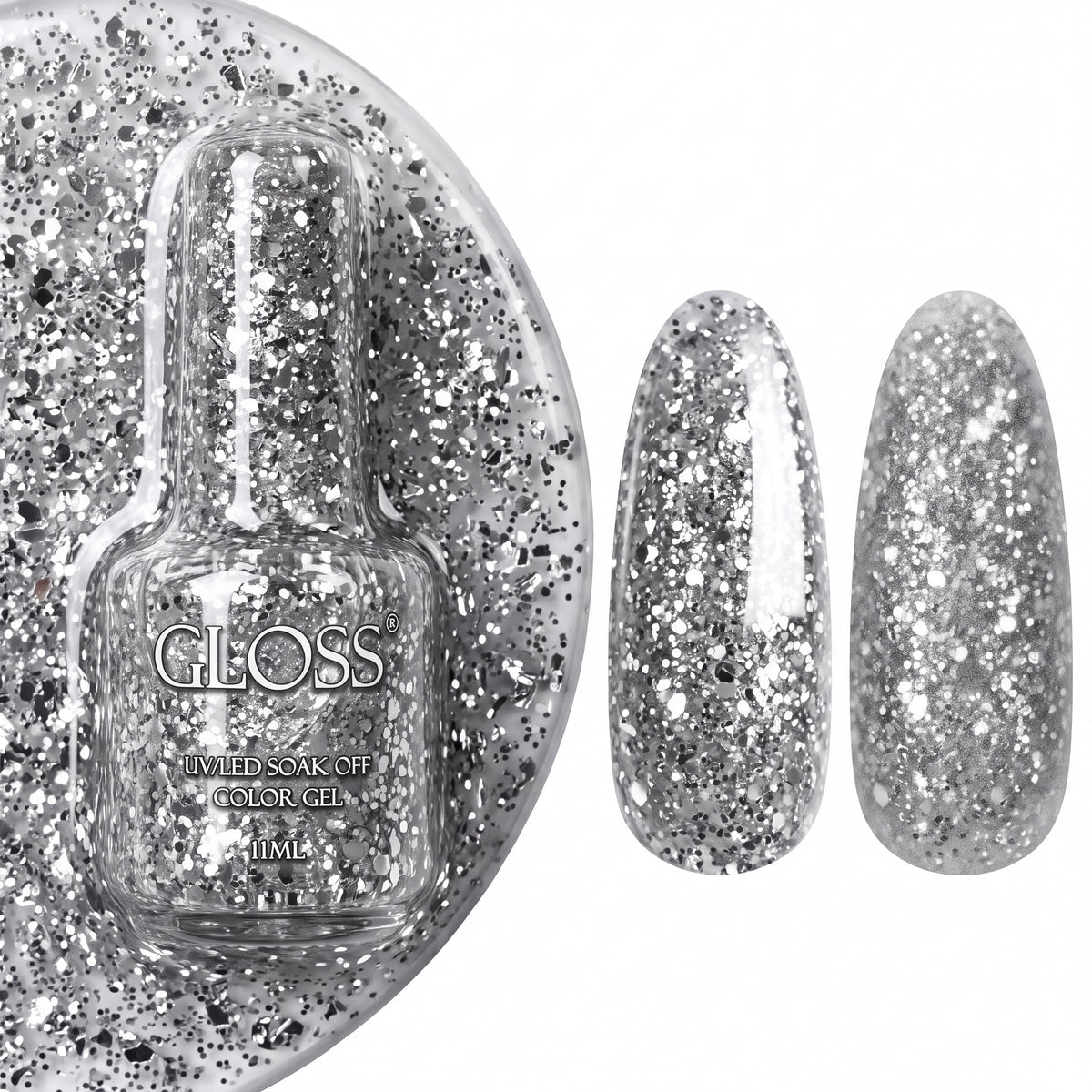 GLOSS gel polish 424 Silver Micro Shine, 11 ml bottle with glossy and matte nail swatches