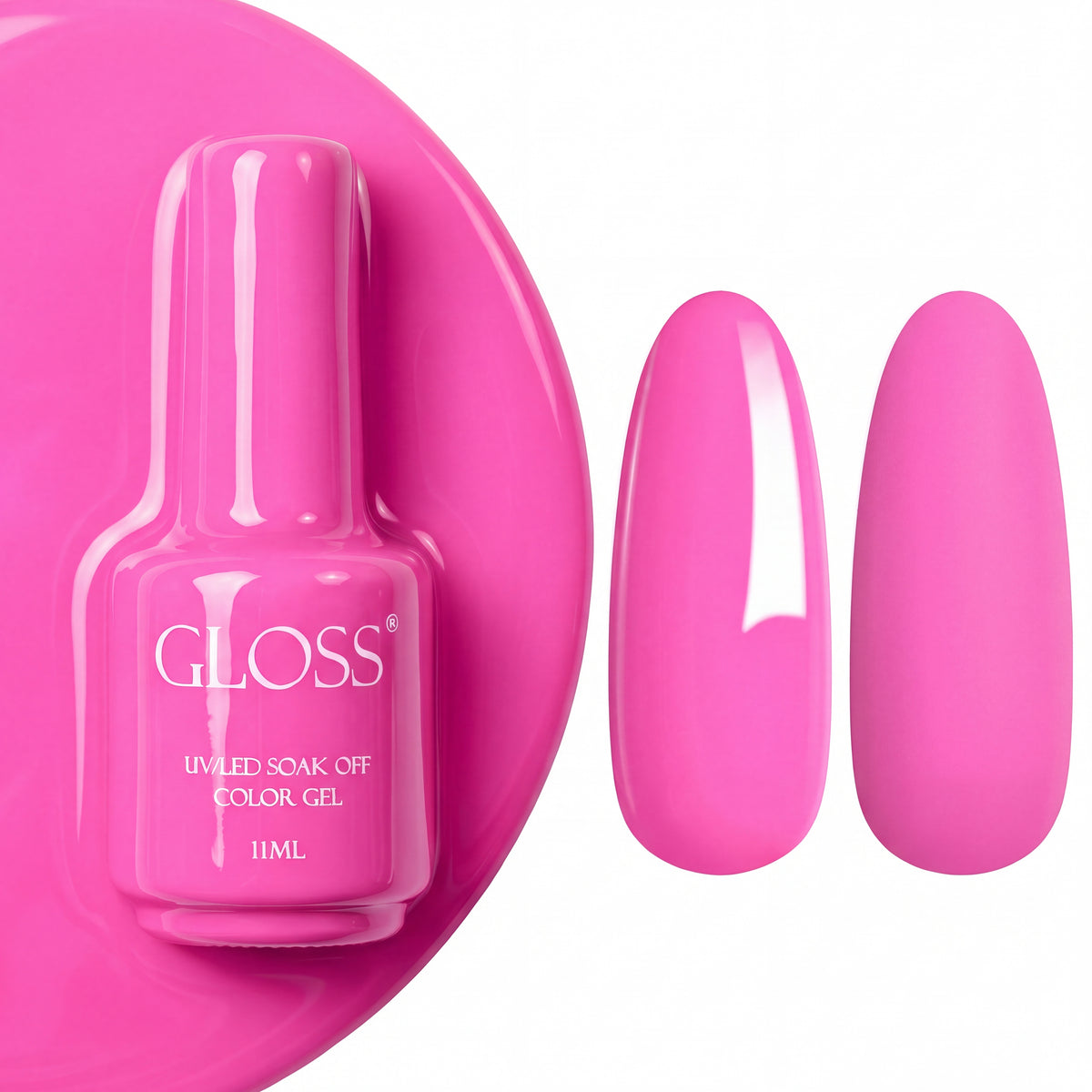 GLOSS gel polish 502 Pink Barbie, 11 ml bottle with glossy and matte nail swatches