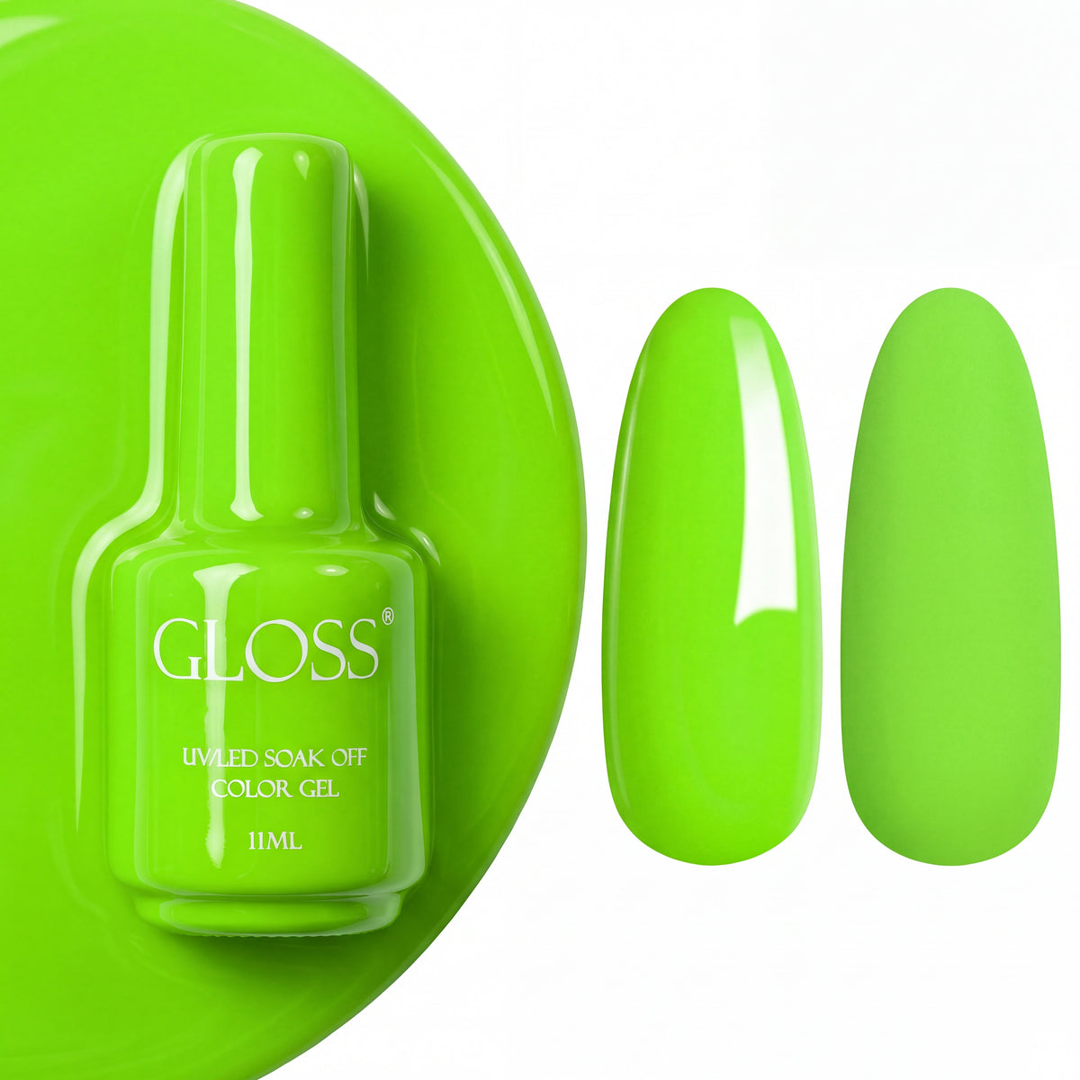 GLOSS gel polish 506 Lime Neon, 11 ml bottle with glossy and matte nail swatches