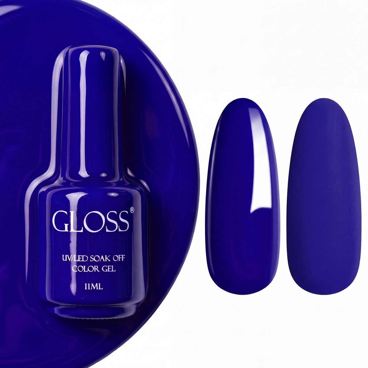 GLOSS gel polish 507 Indigo Violet, 11 ml bottle with glossy and matte nail swatches
