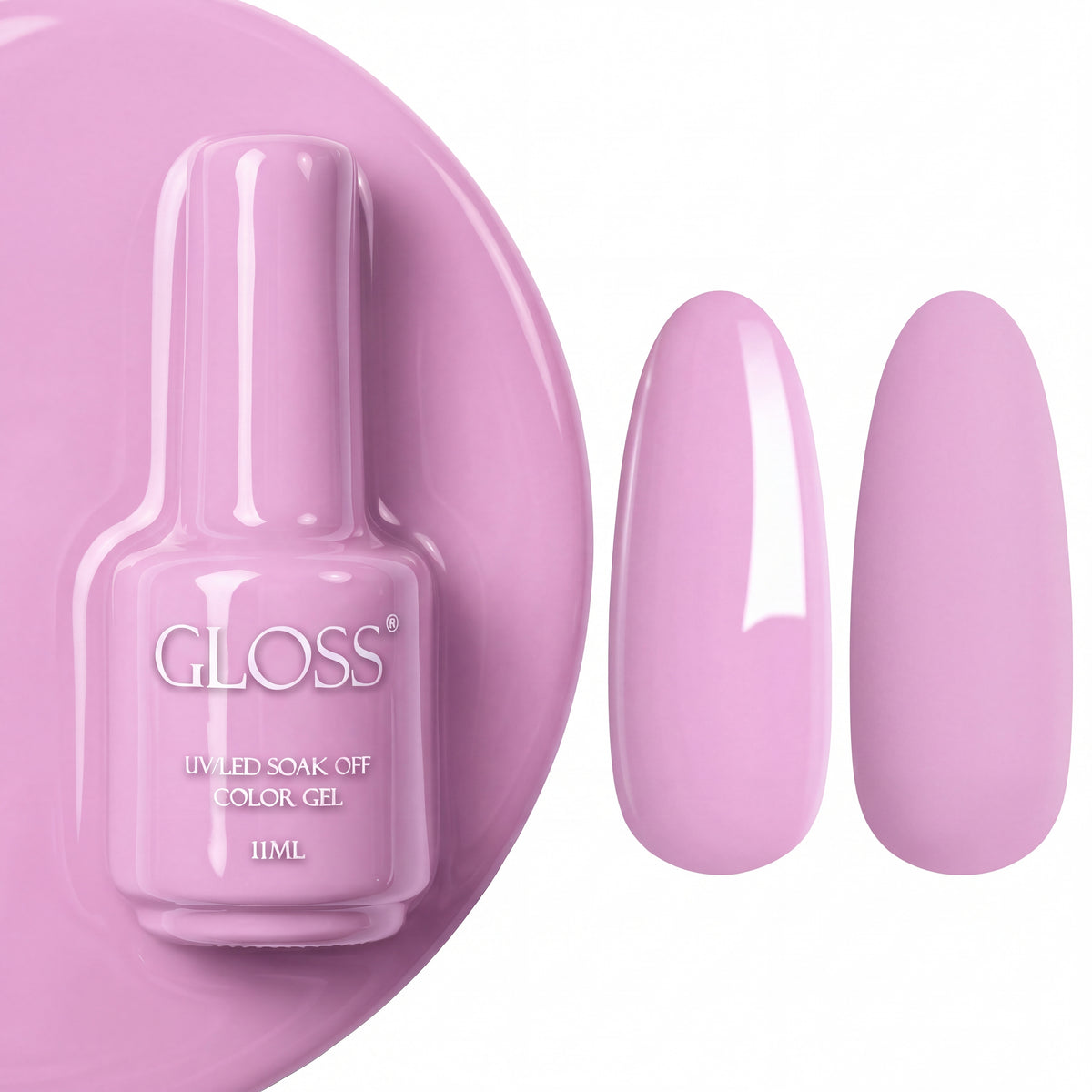 GLOSS gel polish 509 Pale Orchid, 11 ml bottle with glossy and matte nail swatches