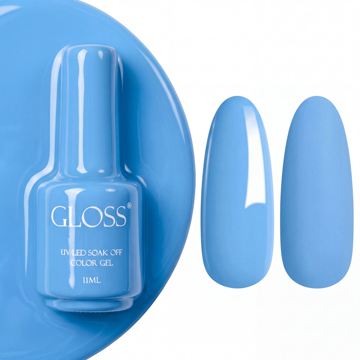 GLOSS gel polish 510 True Blue, 11 ml bottle with glossy and matte nail swatches