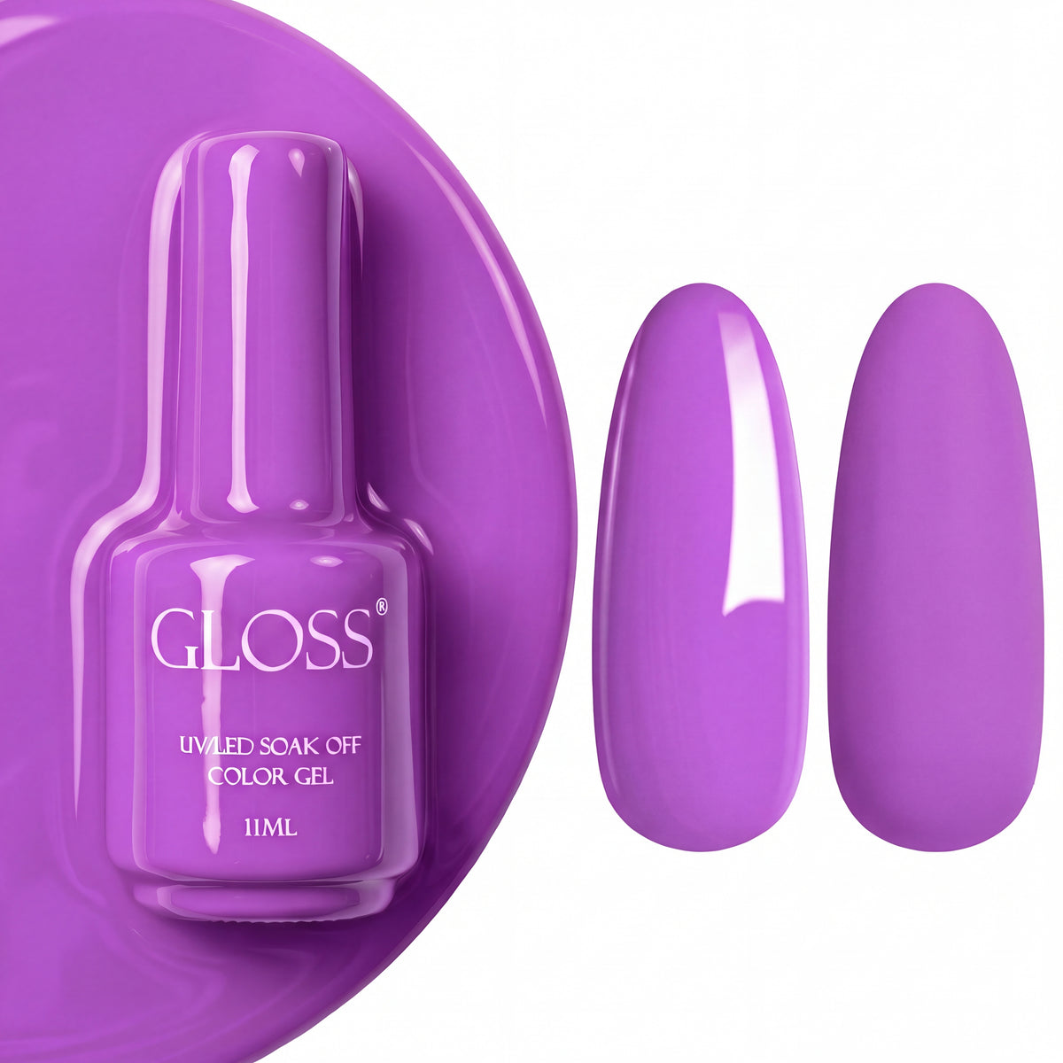 GLOSS gel polish 511 Bright Lavender, 11 ml bottle with glossy and matte nail swatches
