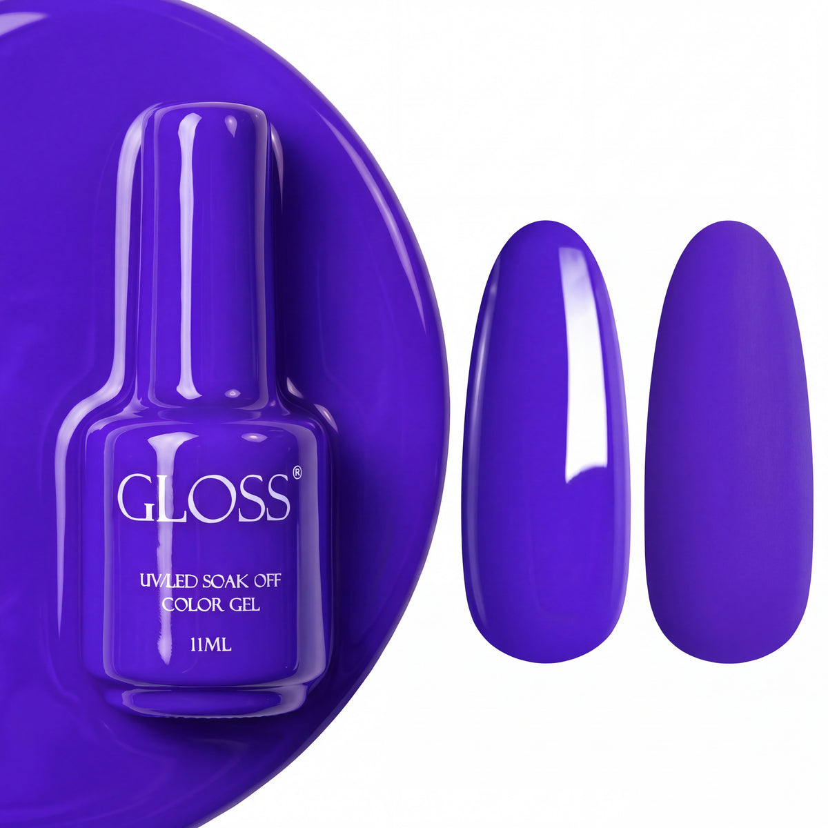 GLOSS gel polish 513 Electric Violet, 11 ml bottle with glossy and matte nail swatches