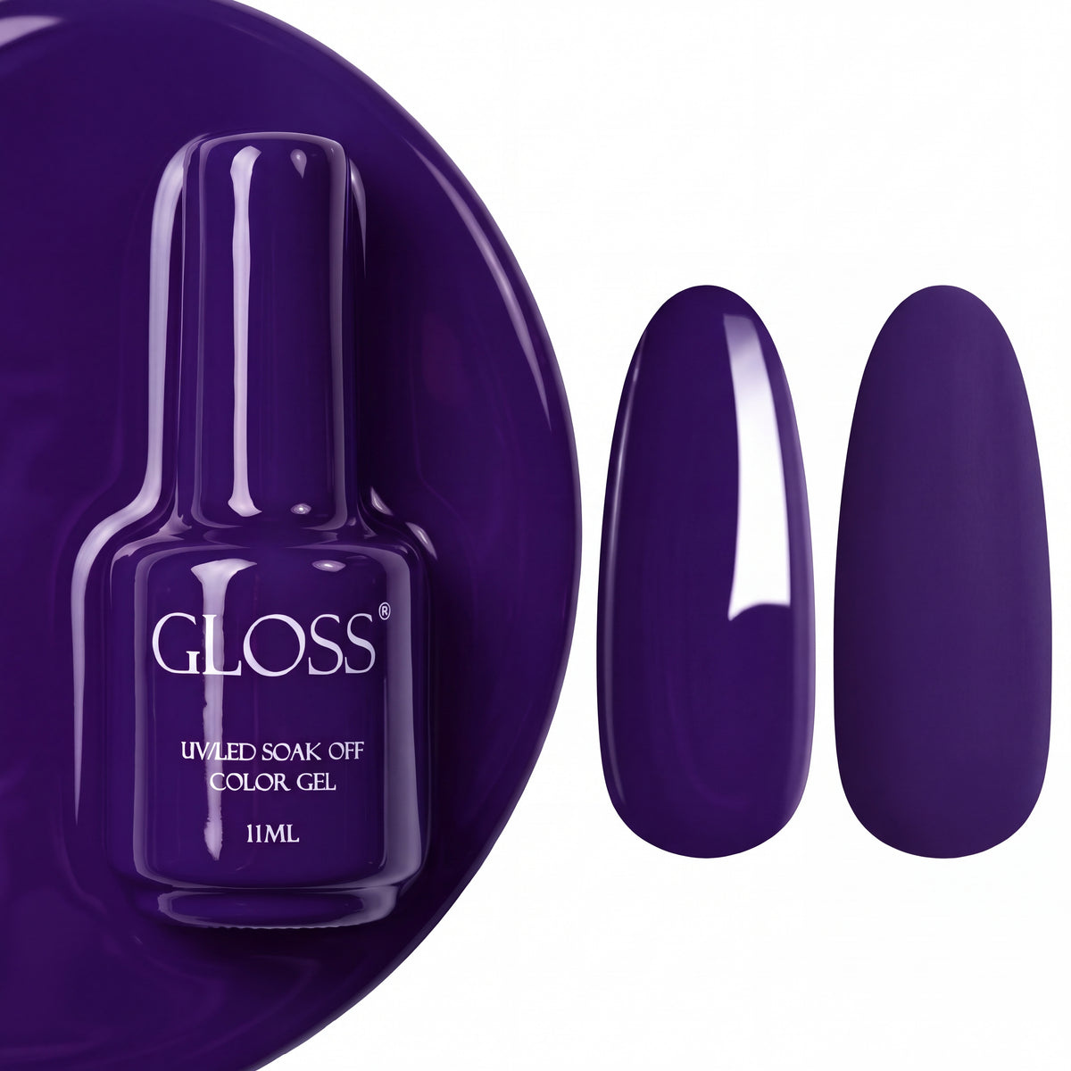 GLOSS gel polish 516 Violet, 11 ml bottle with glossy and matte nail swatches
