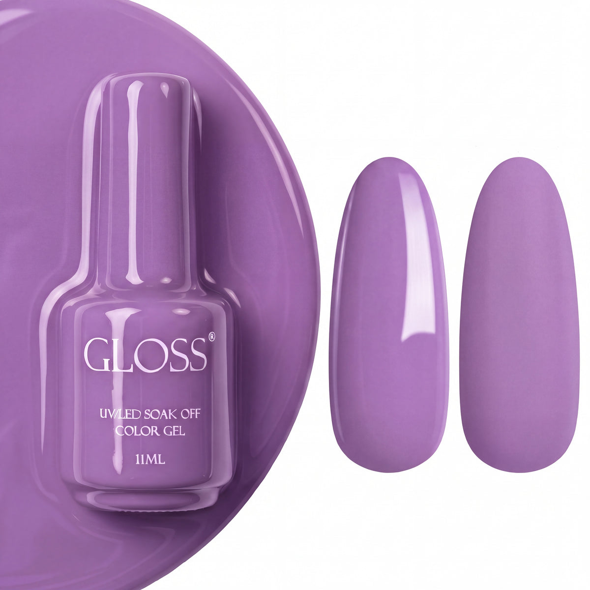 GLOSS gel polish 517 Lilac Pink, 11 ml bottle with glossy and matte nail swatches