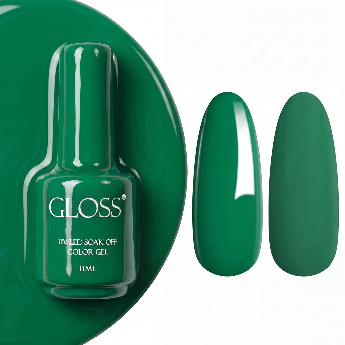 GLOSS gel polish 518 Bright Emerald, 11 ml bottle with glossy and matte nail swatches