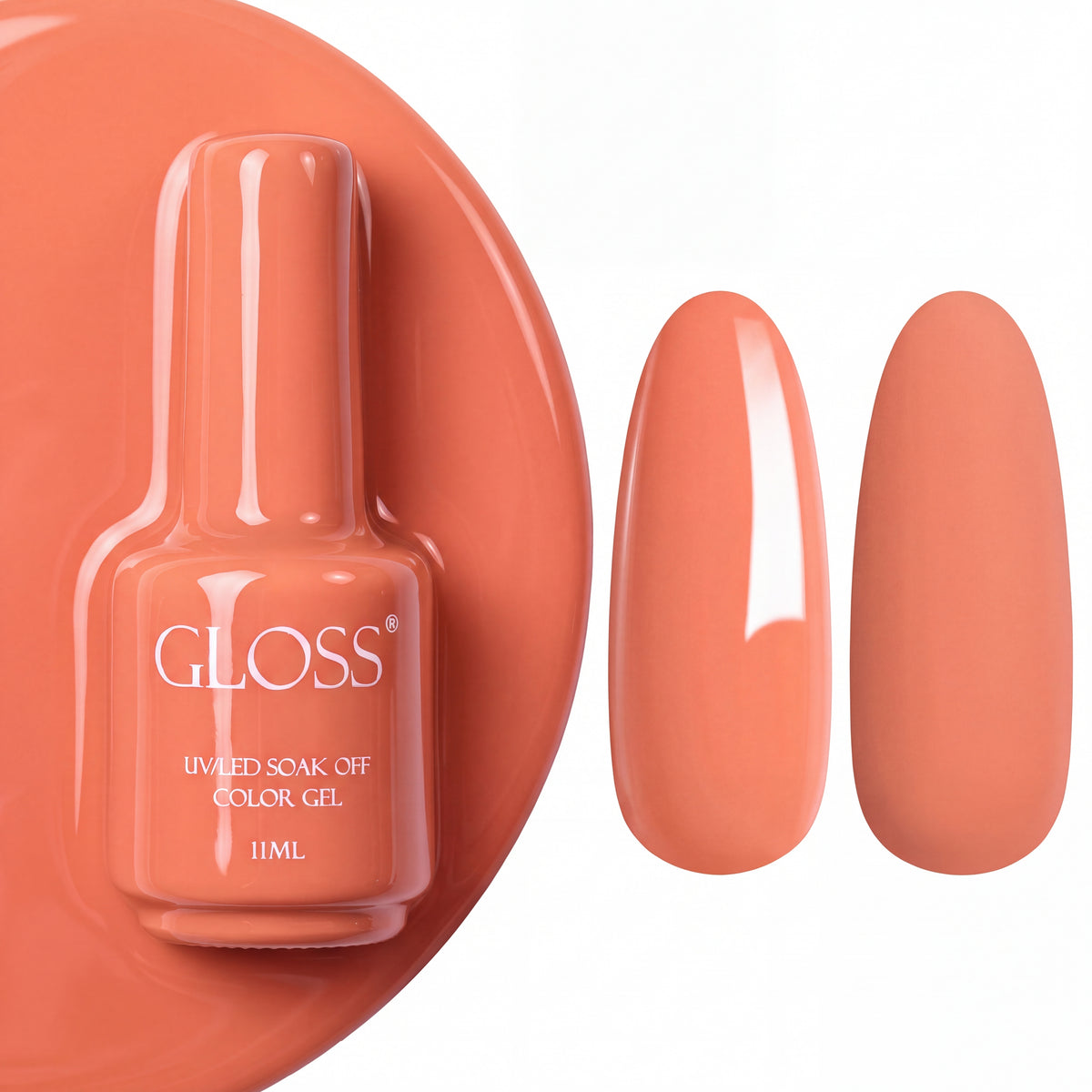 GLOSS gel polish 520 Muted Coral, 11 ml bottle with glossy and matte nail swatches