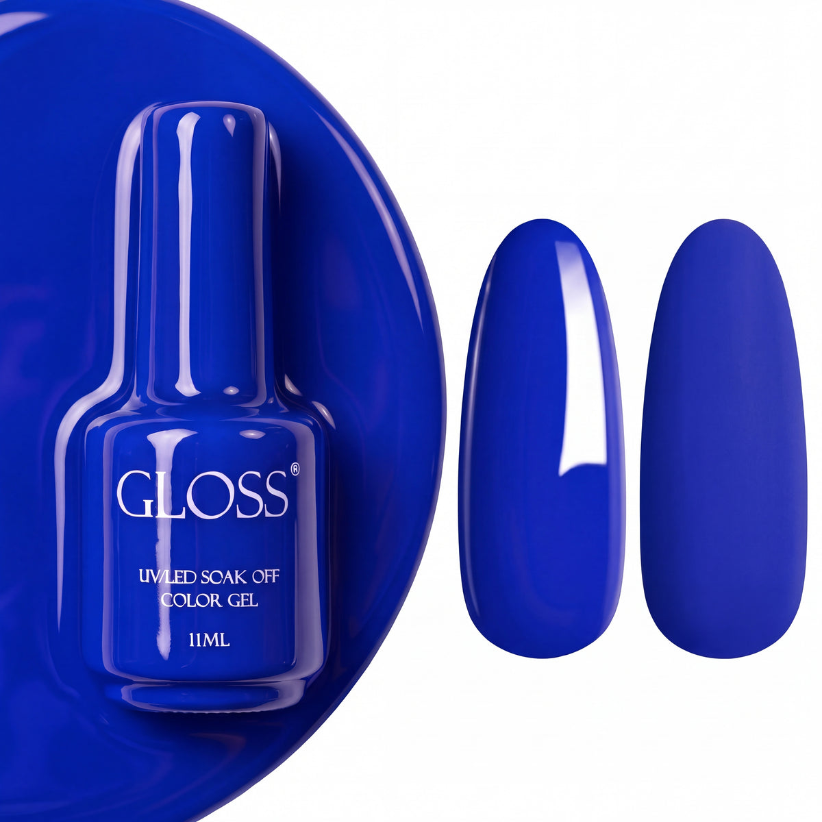 GLOSS gel polish 521 Azure Blue, 11 ml bottle with glossy and matte nail swatches