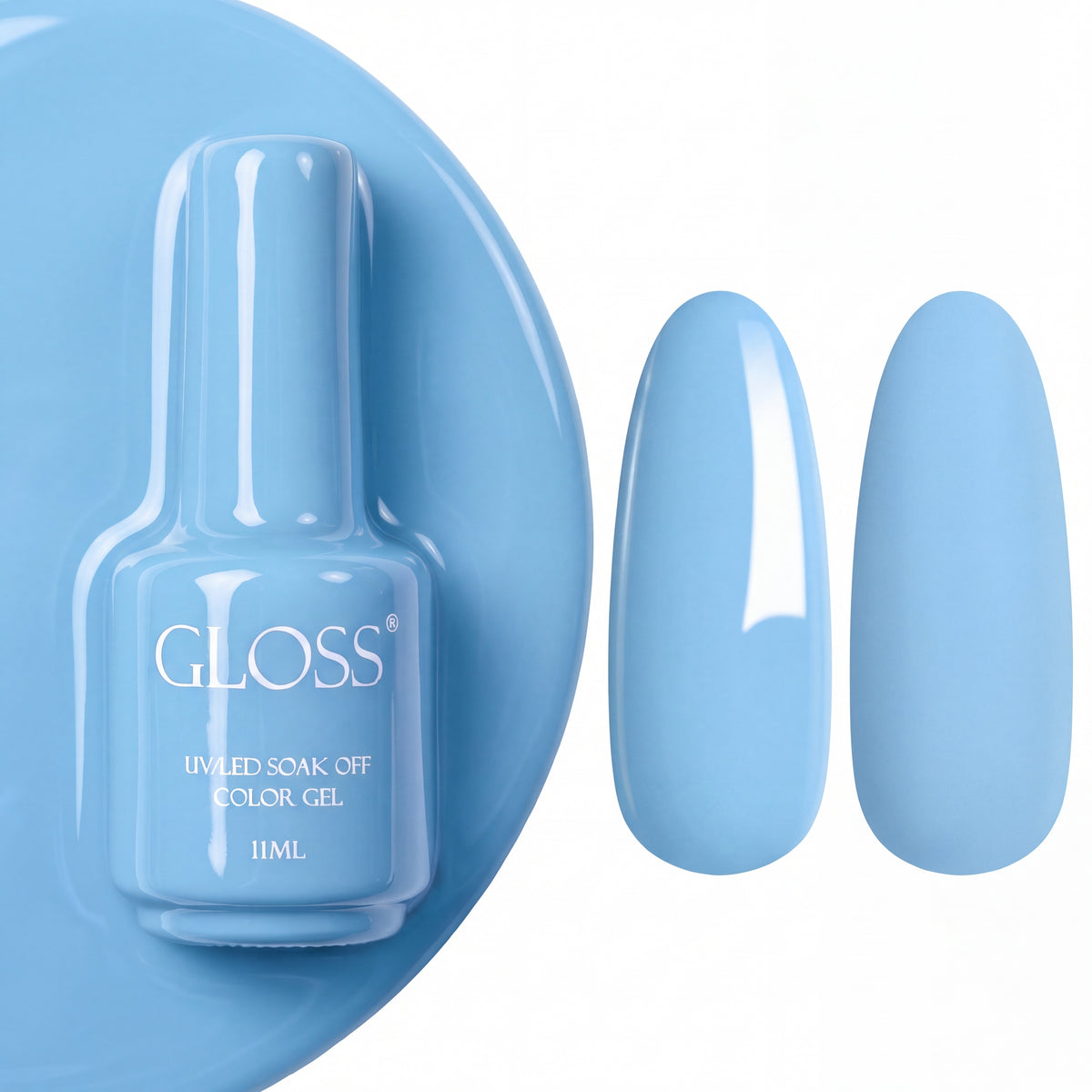 GLOSS gel polish 522 Light Blue, 11 ml bottle with glossy and matte nail swatches