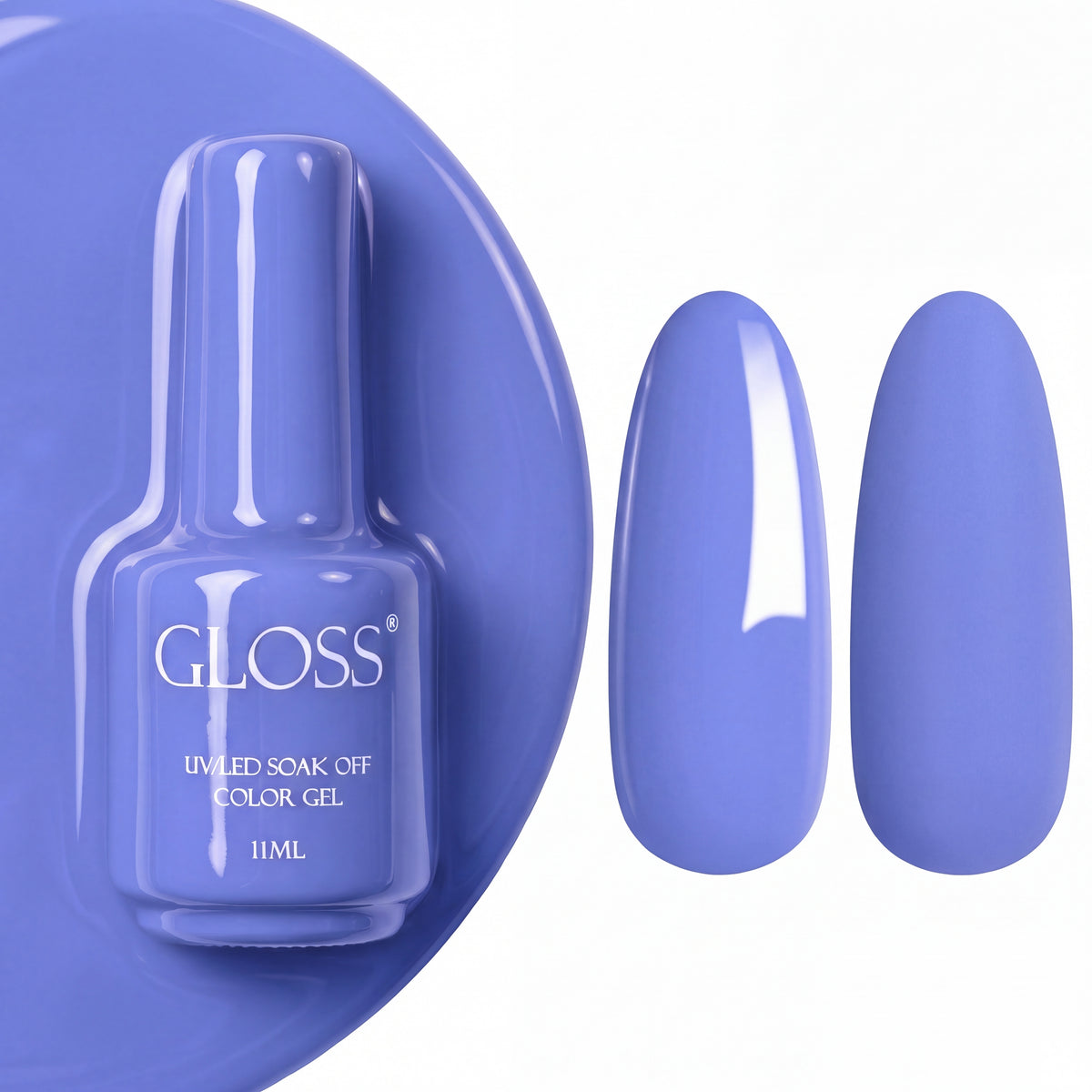 GLOSS gel polish 525 Pale Cornflower, 11 ml bottle with glossy and matte nail swatches