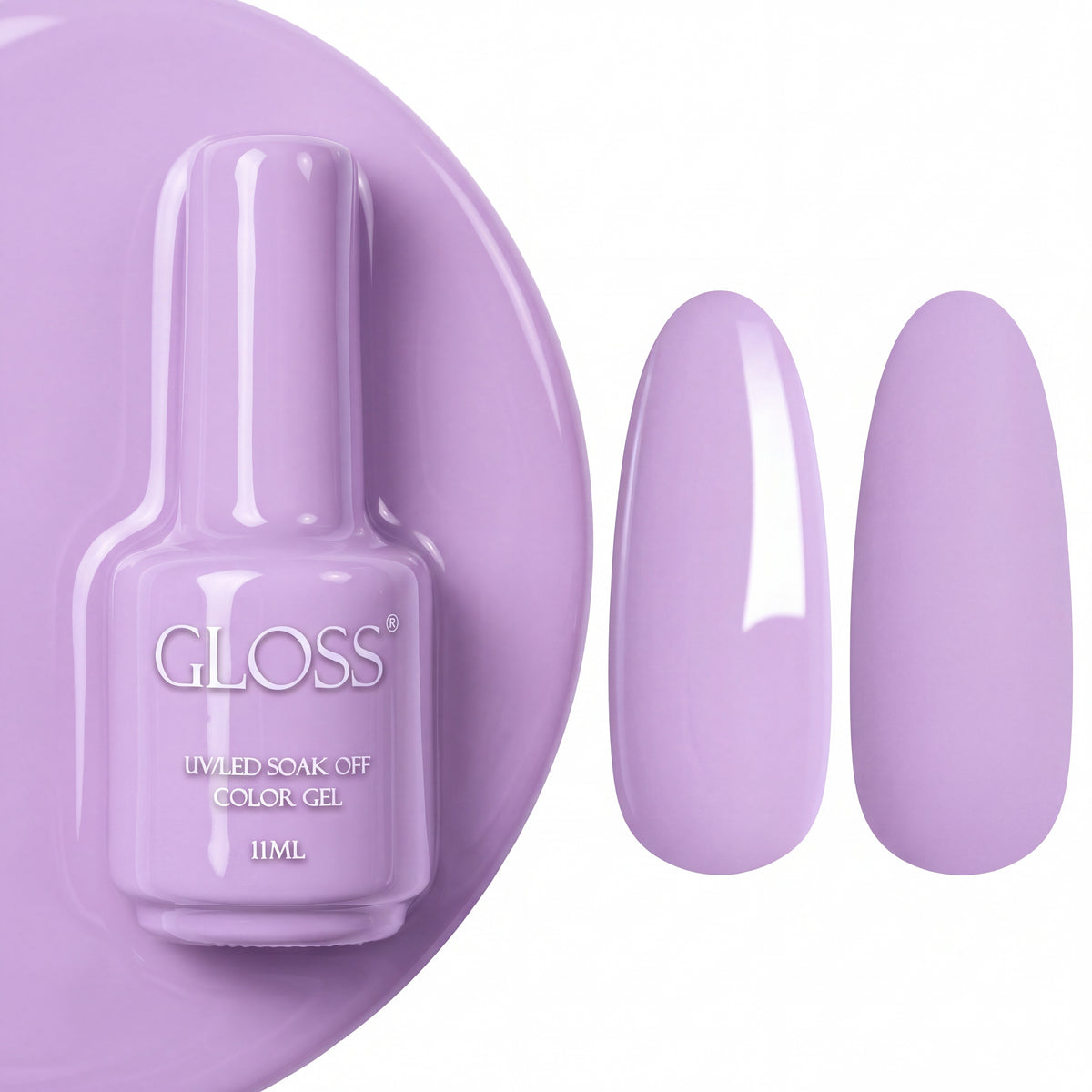 GLOSS gel polish 527 Mauve, 11 ml bottle with glossy and matte nail swatches