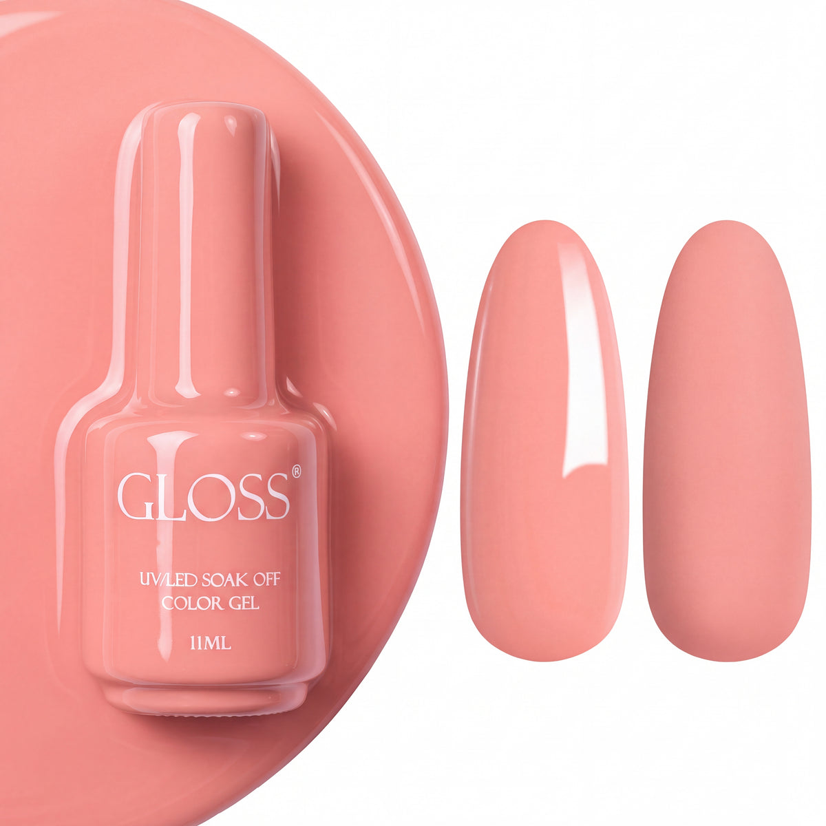 GLOSS gel polish 528 Light Salmon, 11 ml bottle with glossy and matte nail swatches