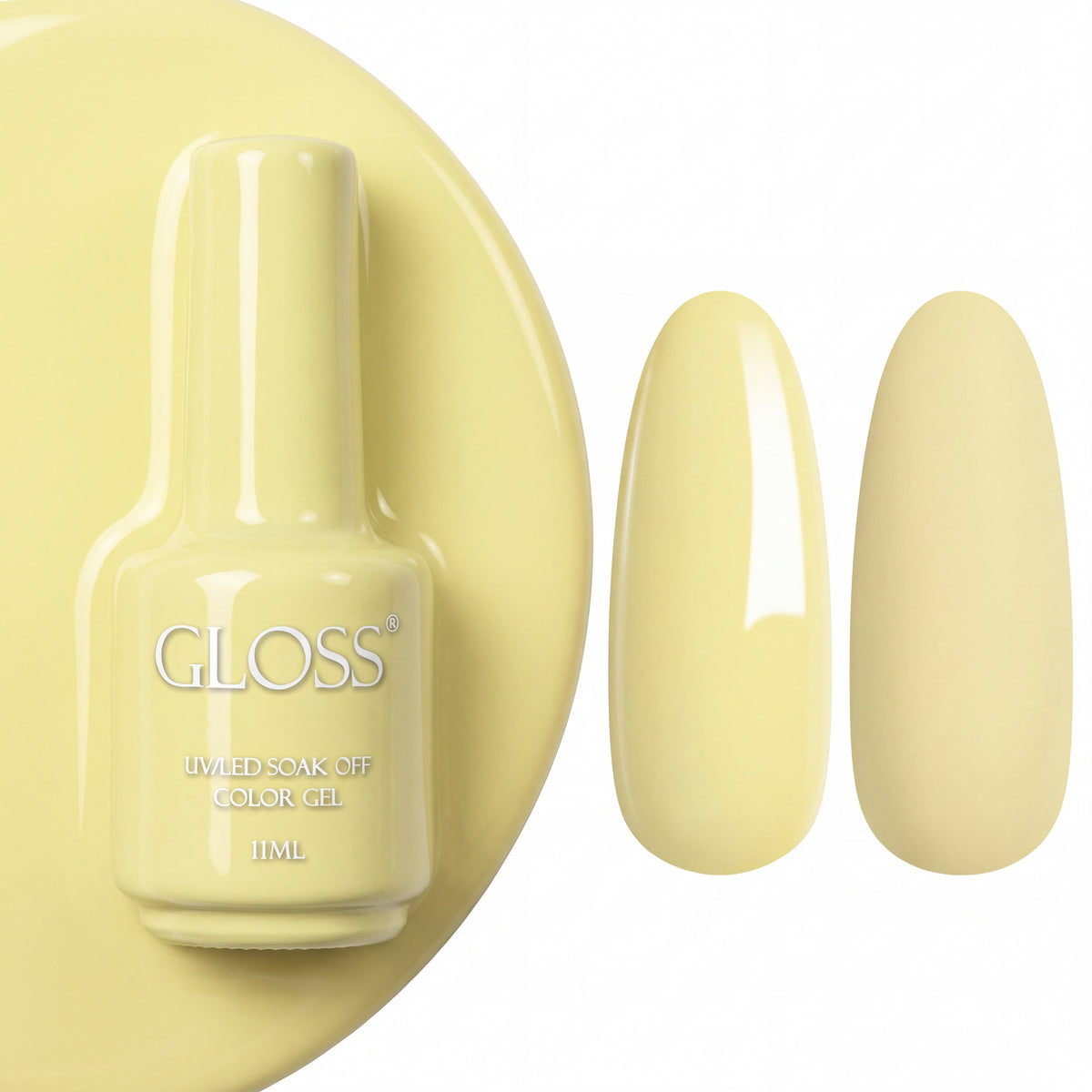 GLOSS gel polish 529 Pale Lemon, 11 ml bottle with glossy and matte nail swatches