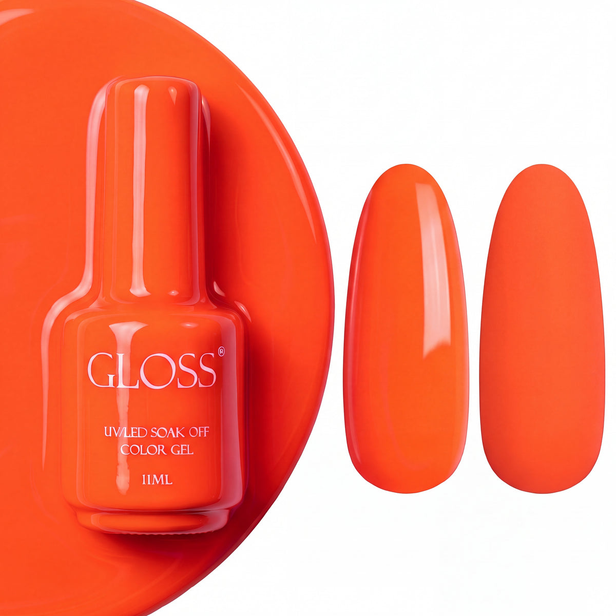 GLOSS gel polish 530 Tangerine, 11 ml bottle with glossy and matte nail swatches