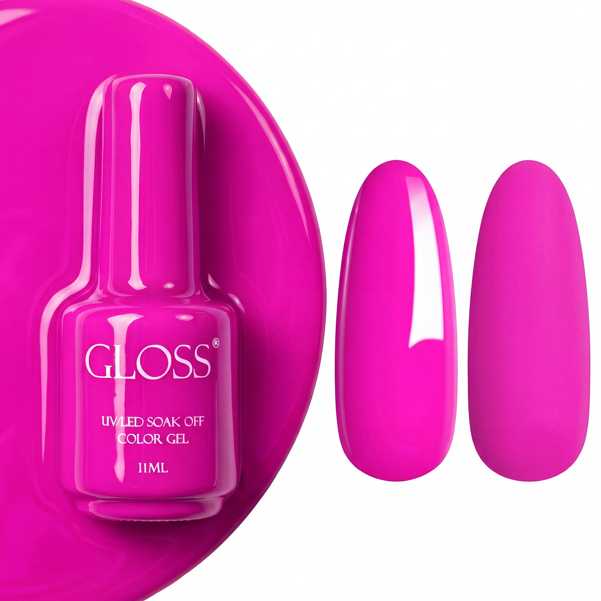 GLOSS gel polish 532 Pink Purple, 11 ml bottle with glossy and matte nail swatches