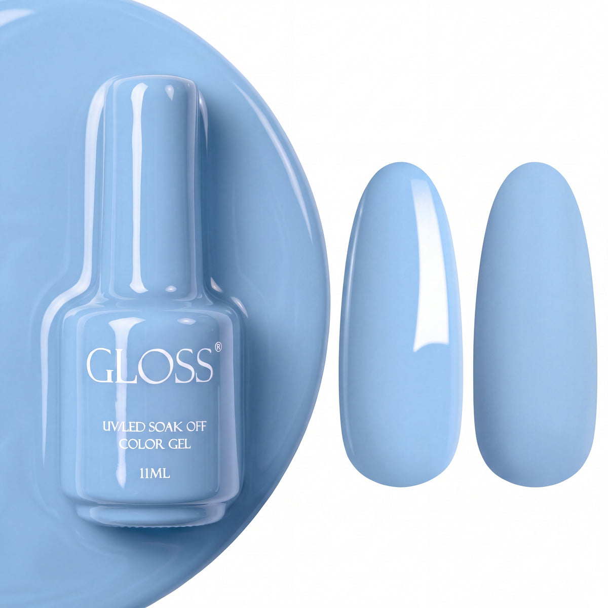 GLOSS gel polish 534 Baby Blue, 11 ml bottle with glossy and matte nail swatches