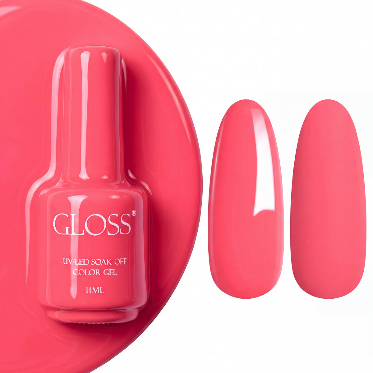 GLOSS gel polish 535 Deep Pink, 11 ml bottle with glossy and matte nail swatches