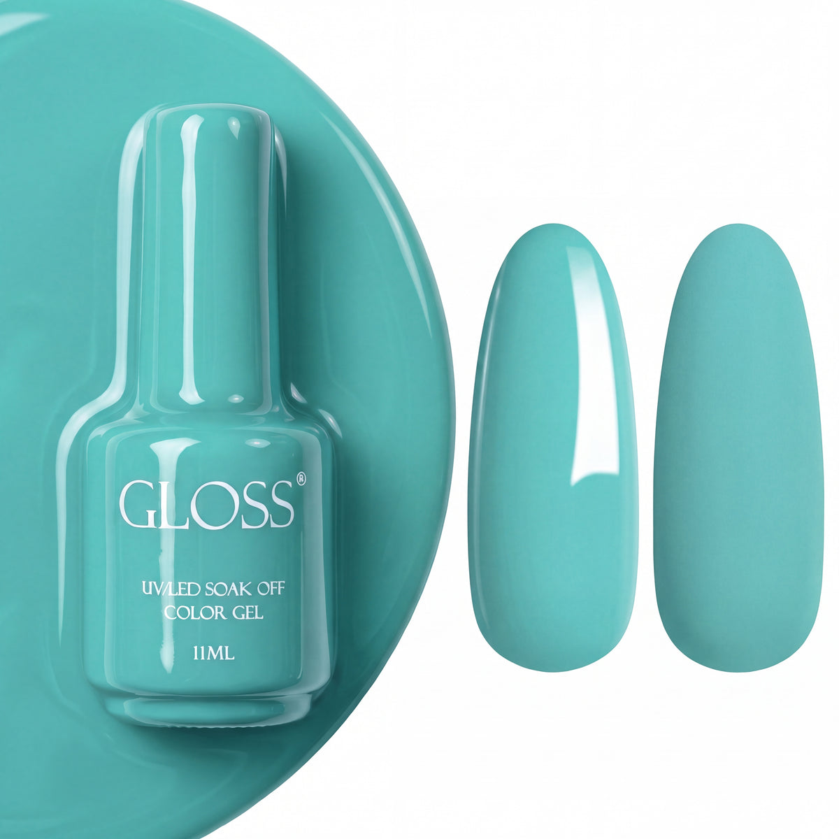 GLOSS gel polish 536 Tiffany, 11 ml bottle with glossy and matte nail swatches