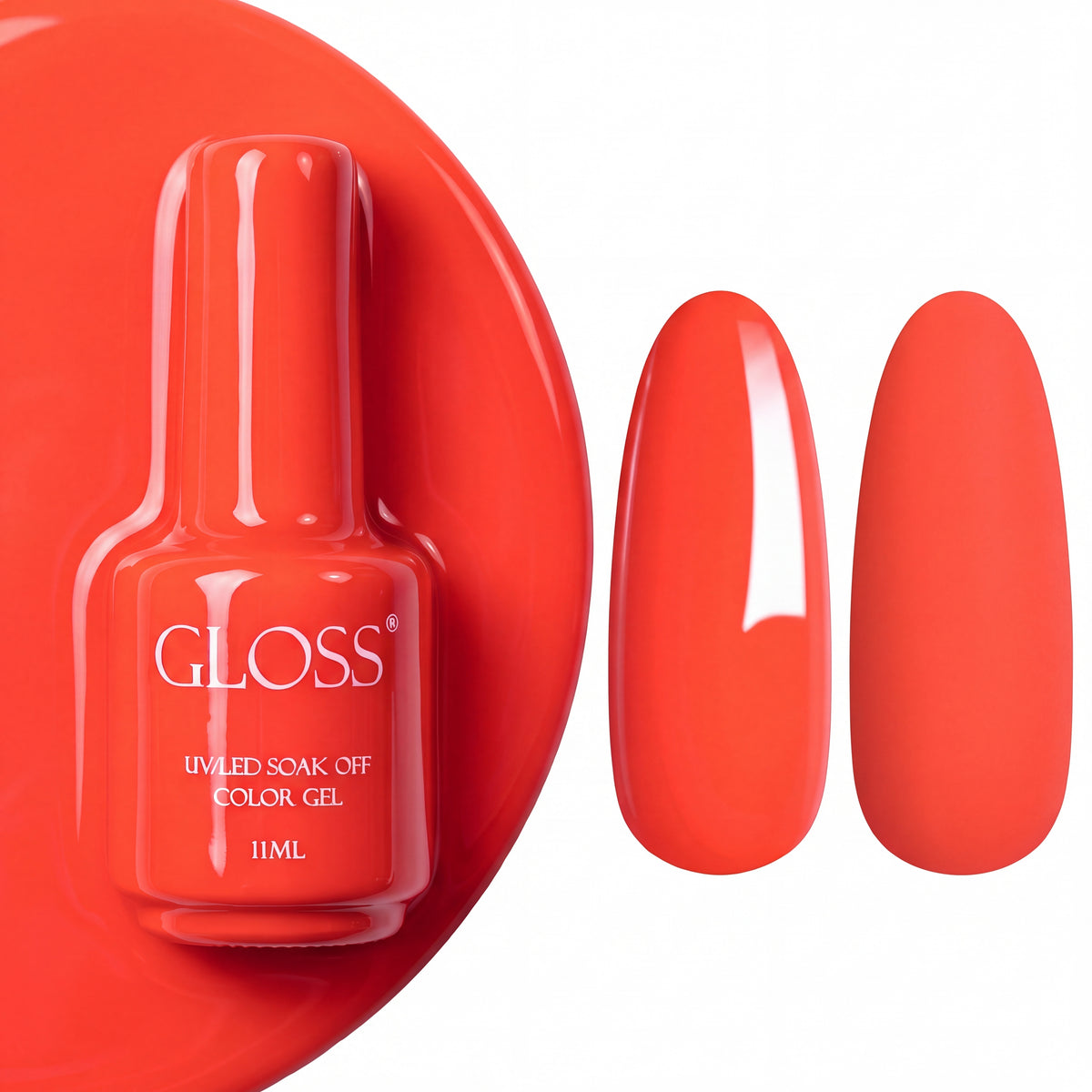 GLOSS gel polish 537 Amaranth, 11 ml bottle with glossy and matte nail swatches