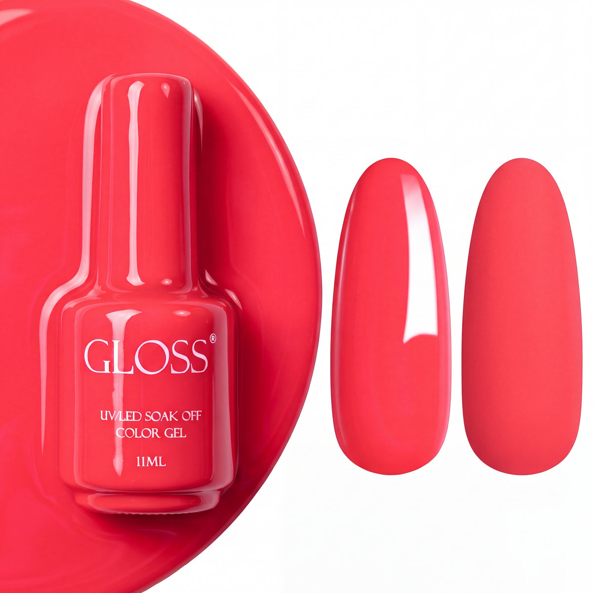 GLOSS gel polish 538 Coral Pink, 11 ml bottle with glossy and matte nail swatches