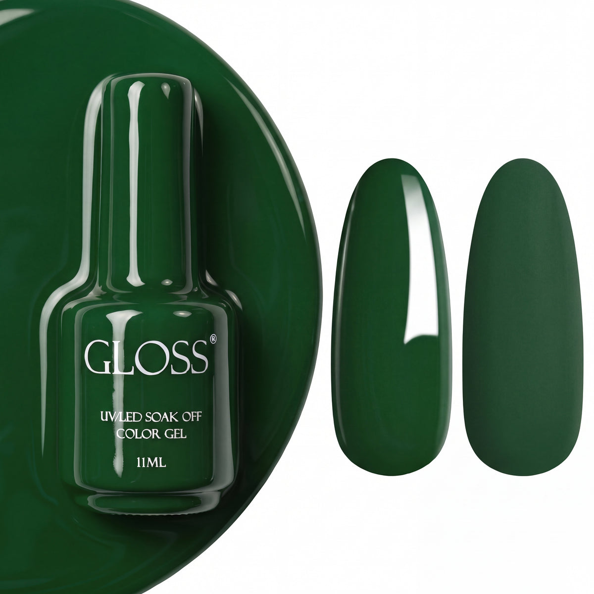 GLOSS gel polish 539 Saturated Herbal, 11 ml bottle with glossy and matte nail swatches