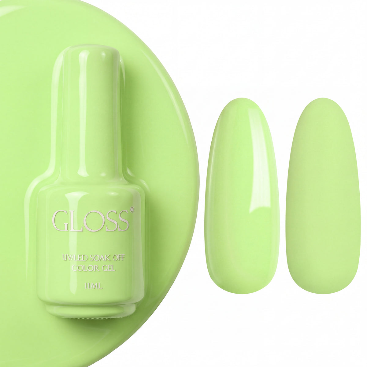 GLOSS gel polish 540 Lemon Green, 11 ml bottle with glossy and matte nail swatches