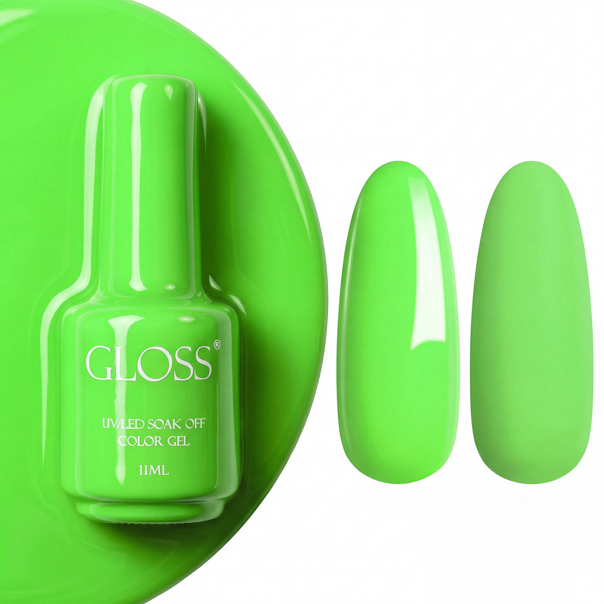 GLOSS gel polish 541 Green Apple, 11 ml bottle with glossy and matte nail swatches