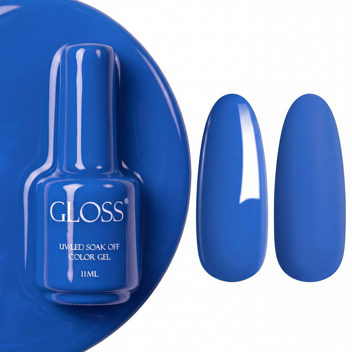 GLOSS gel polish 542 Sky Blue, 11 ml bottle with glossy and matte nail swatches