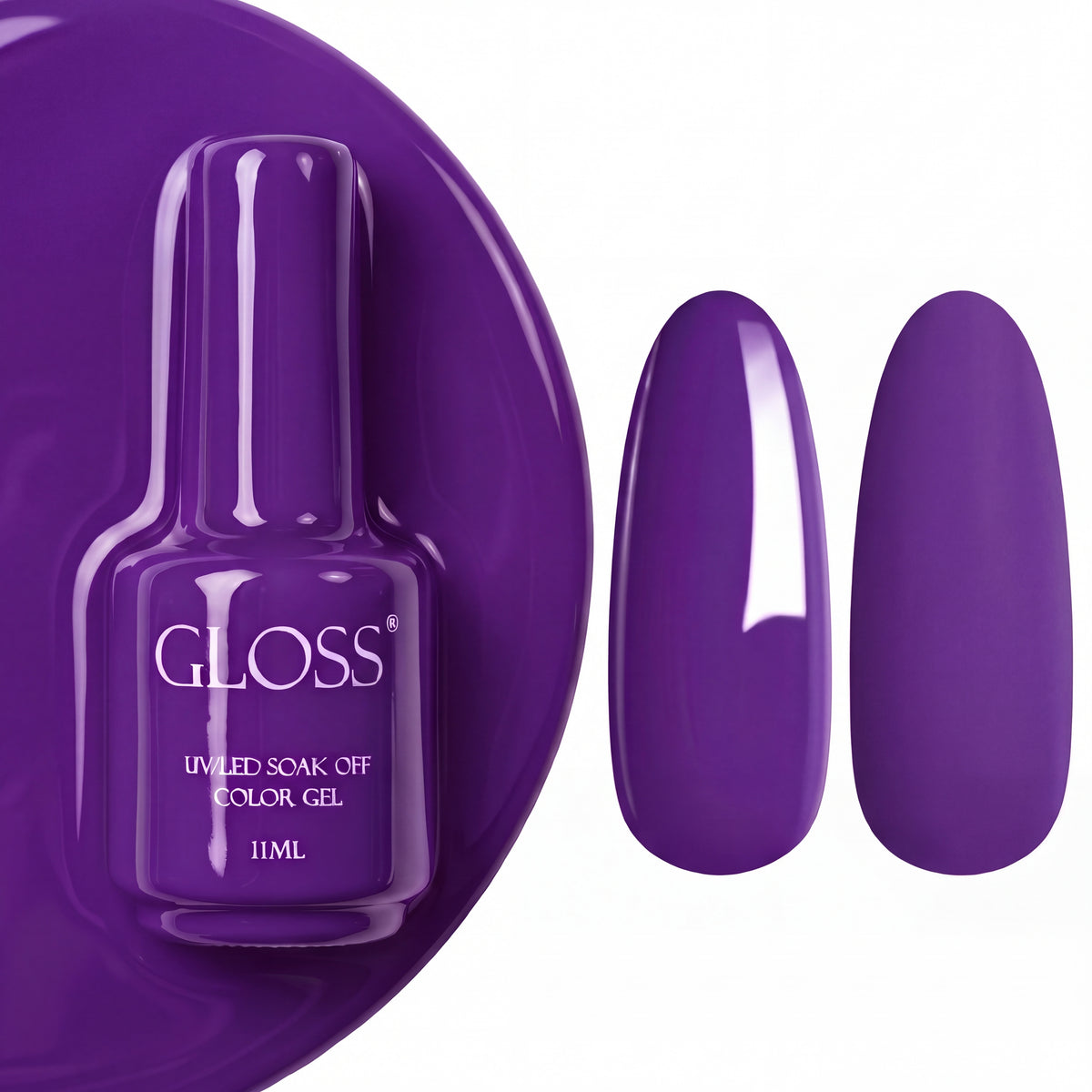 GLOSS gel polish 543 Dark Grape, 11 ml bottle with glossy and matte nail swatches